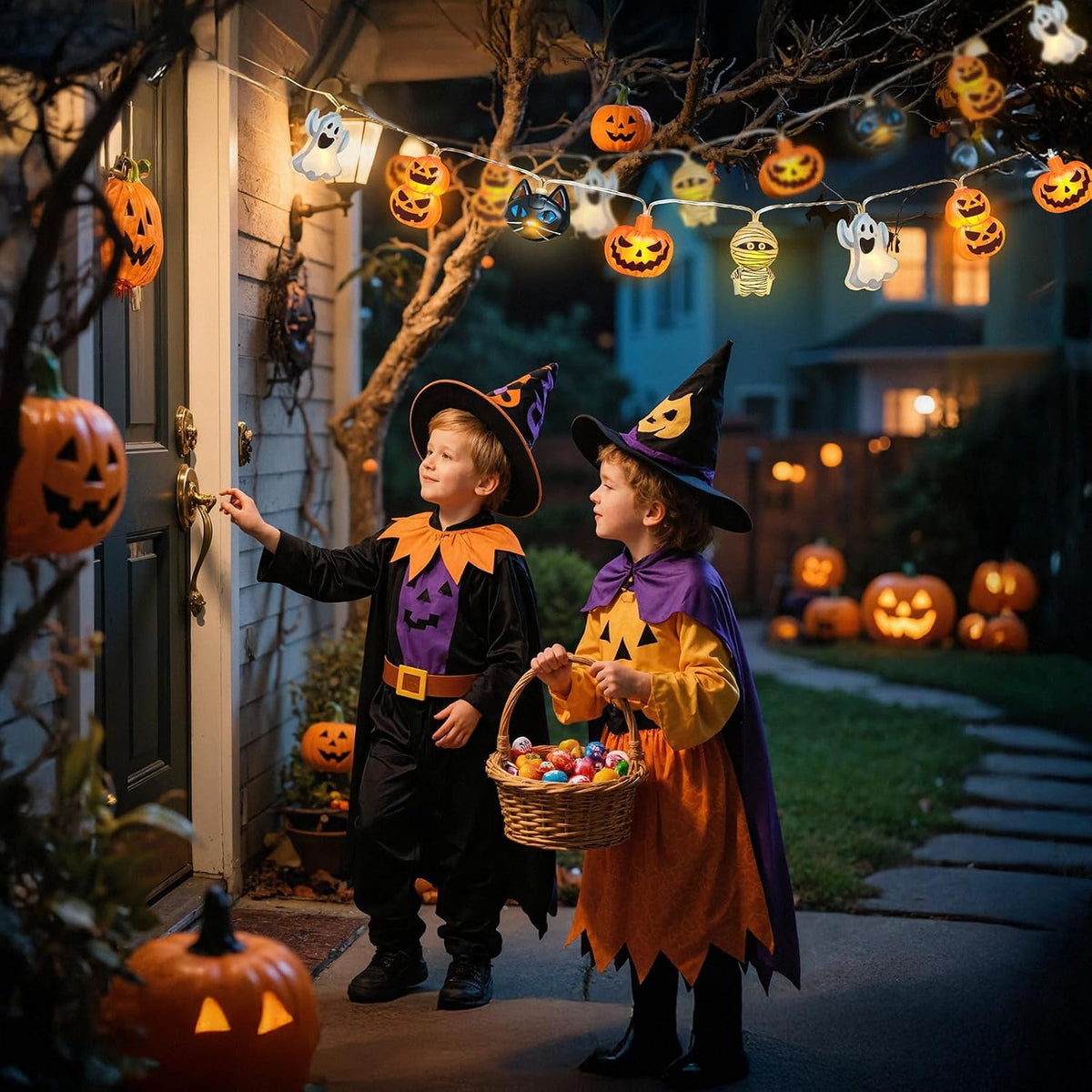 Halloween String Lights Indoor: 9.84 FT 20 LED Battery Operated Pumpkin Ghost Cat Lighted Decorations – 8 Modes Waterproof Timer for Window Porch House Room Bedroom Party Decor