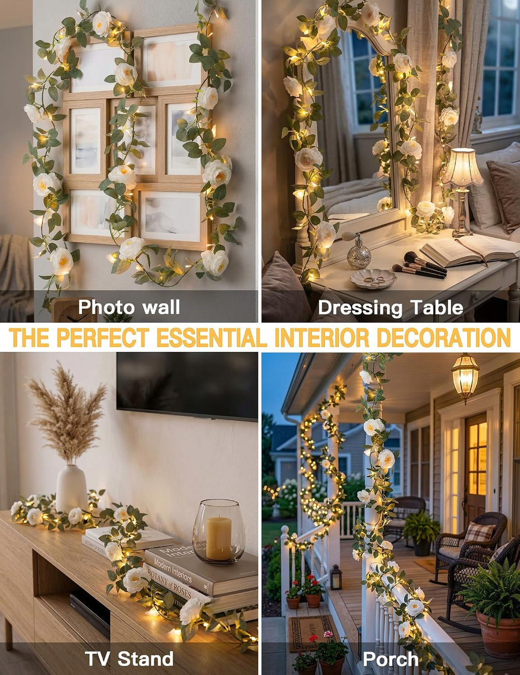 suddus 60LED Garland with White Camellia Lights Battery Operated Clear Wire