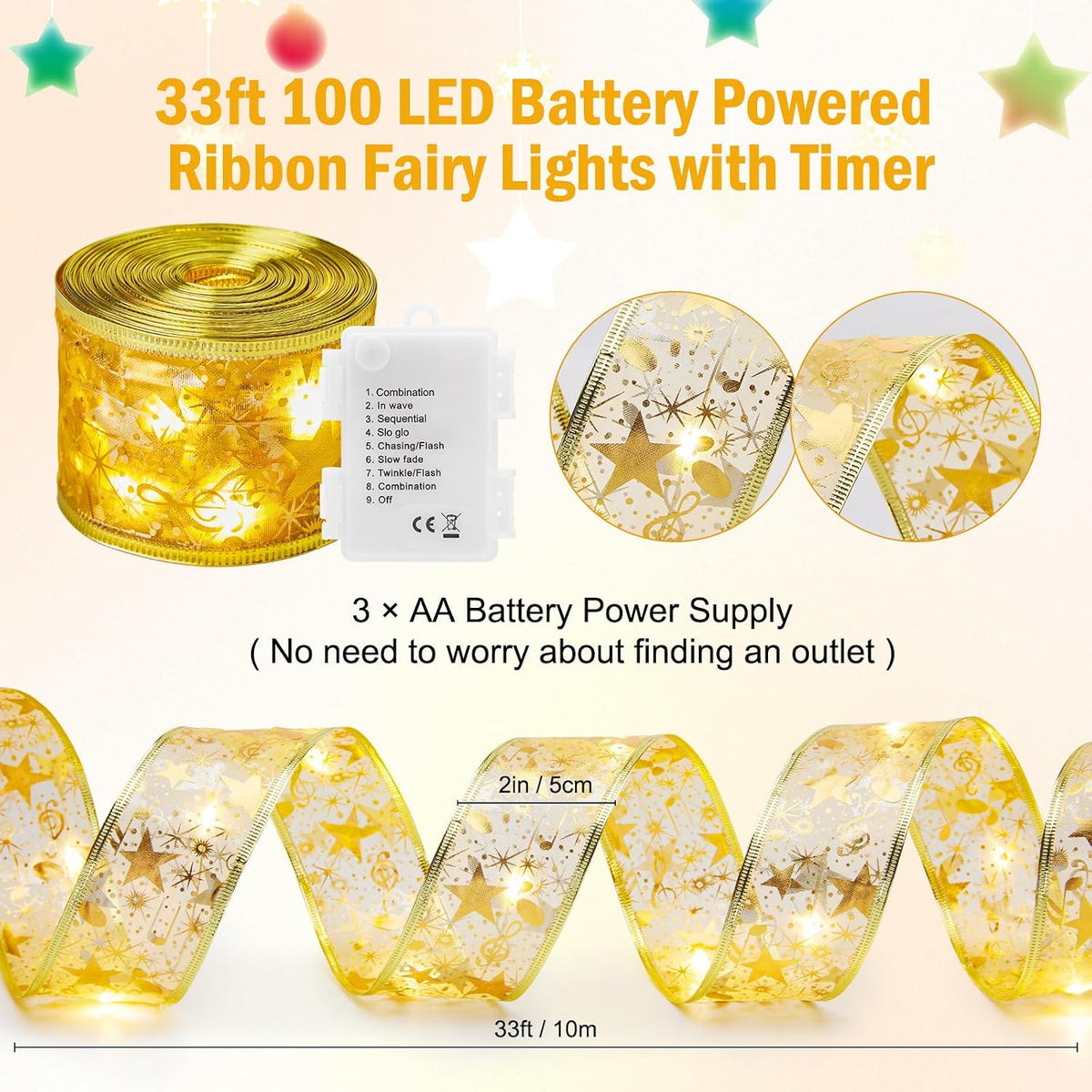 2 Pack Christmas Tree Ribbon String Lights - 33ft 100 LED Battery Powered Fairy Lights with Timer and 8 Lighting Modes, Christmas Ribbon Bows Lights for 6ft - 8ft Christmas Tree New Year Decor, Gold