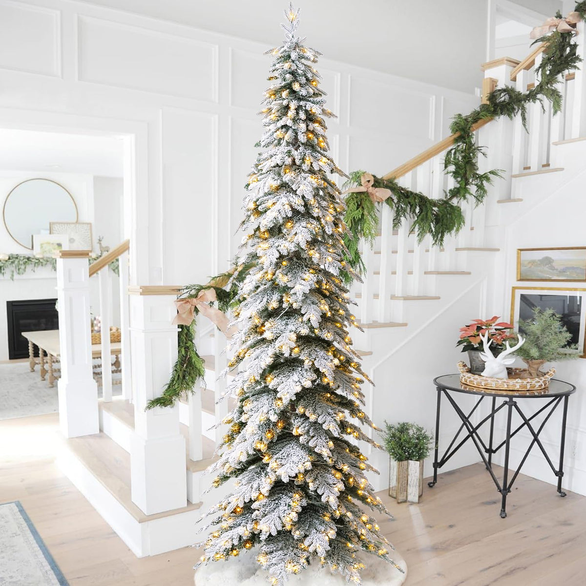 Glitzhome 7.5ft Prelit Christmas Tree, Artificial Christmas Tree with 350 Warm White Lights, Flocked Pencil Christmas Trees Chicago Frostwood Spruce with 1,211 PE&PVC Branch Tips,Sturdy Metal Stand