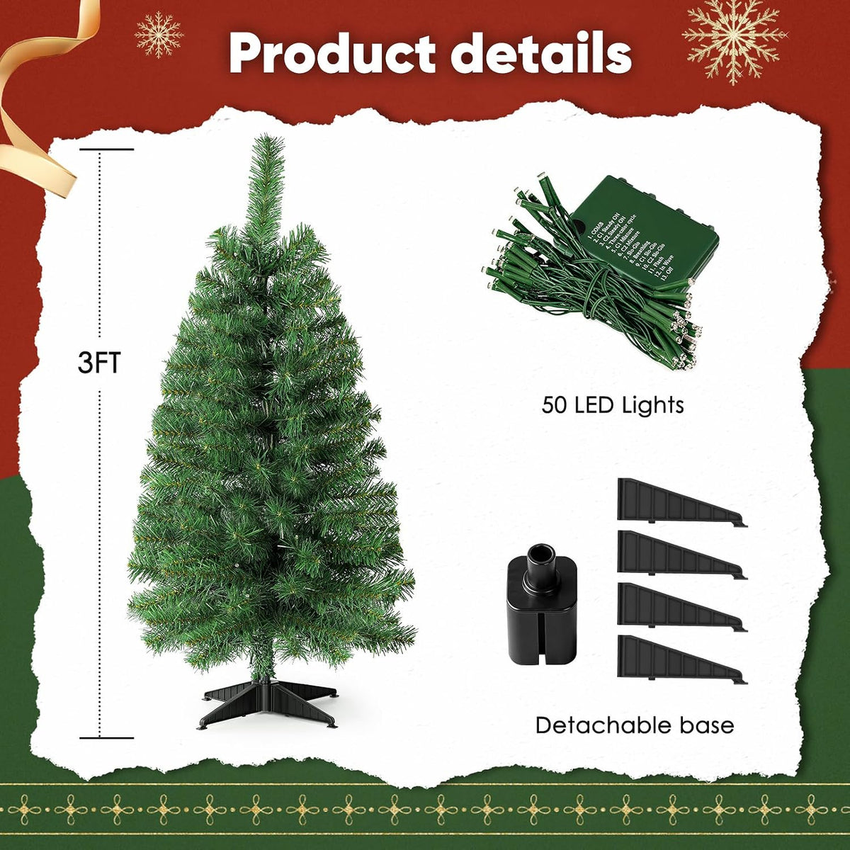 Okicoler Christmas Tree, 3ft Pre-Lit Green Tree with 125 Branch Tips & 50 Adjustable Multicolor Lights, Metal Hinges, Foldable Base, Easy Assembly Holiday Decor for Home, Office & Party