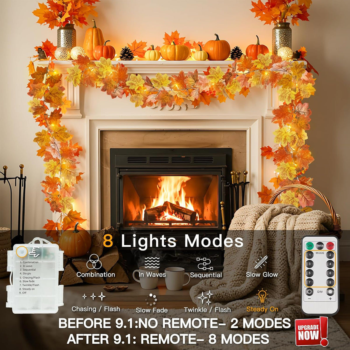 suddus 20 LED Fall Leaves Garland with Lights Battery Operated Timer Yellow