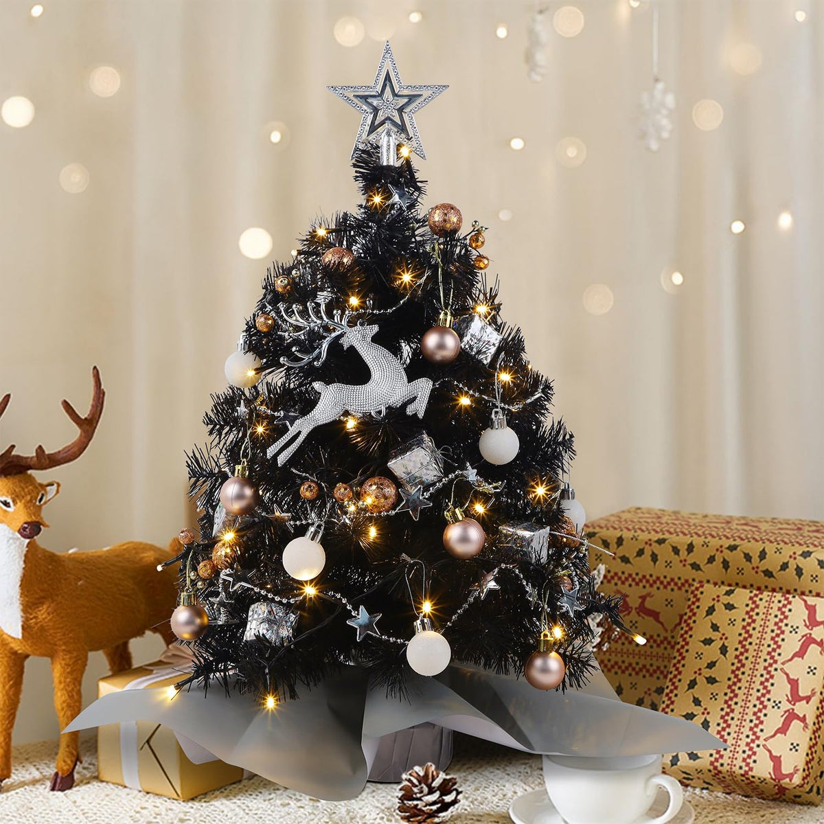 Juegoal 24 Inch Mini Christmas Tree Set, Table Top Artificial Christmas Trees with 50 LED Lights, Ornaments and Red Berries, Best DIY Christmas Decorations