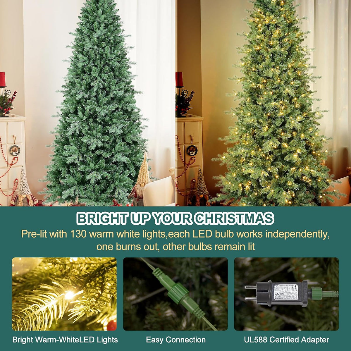 6 FT Prelit Artificial Skinny Christmas Tree,Blue Spruce Slim Pencil Xmas Tree with 1205 PE&PVC Mixed Branch Tips and 300 UL Listed Clear Lights,Hinged Pine Tree with Metal Stand for Home Office Décor