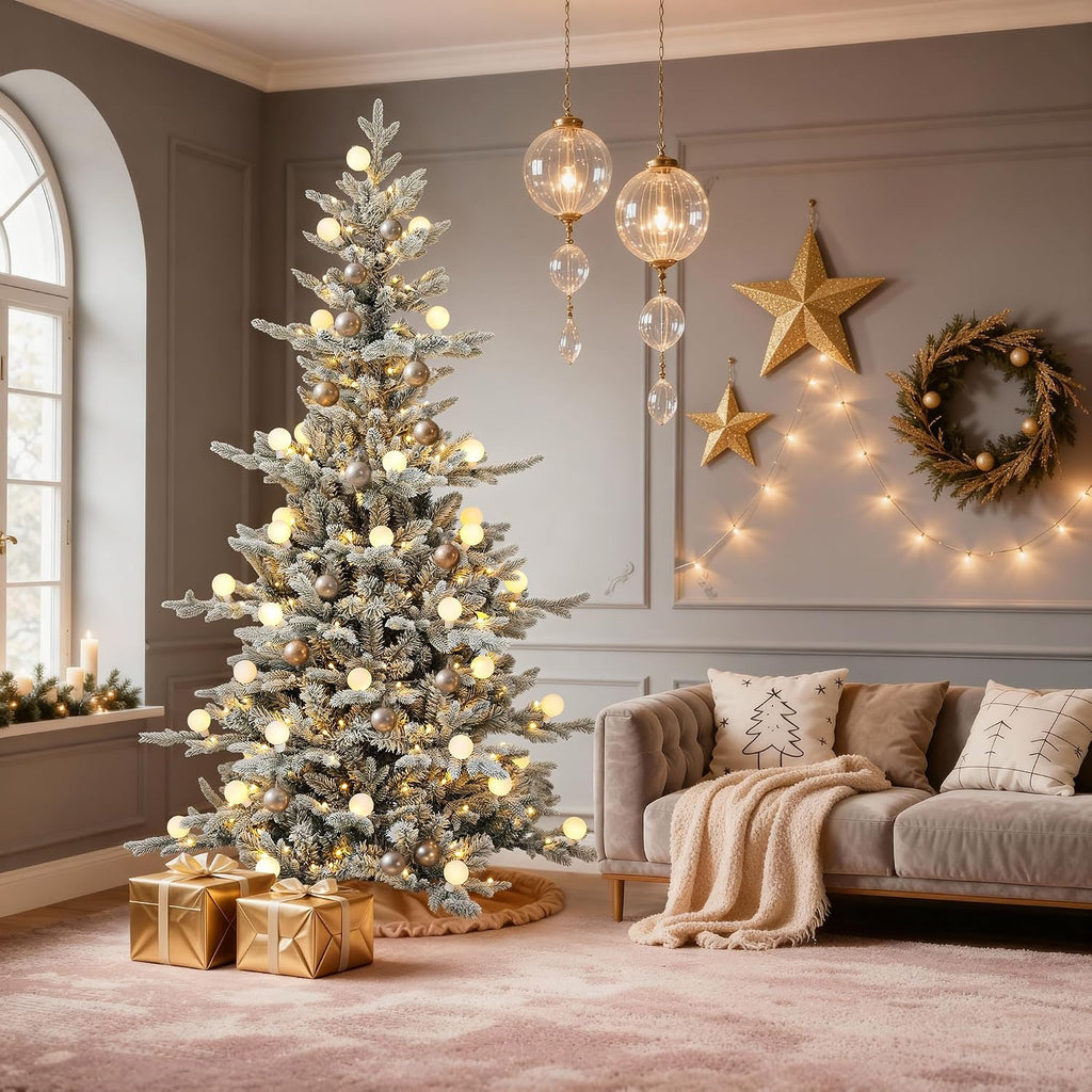 DWVO 6ft Prelit Flocked Aspen Fir Christmas Tree with Bulbs and Lights, Full Artificial Xmas Tree with 1336 Metal Hinged PE & PVC Flame Resistant Branches, 46 Bulbs and 270 Lights Remote Controlled