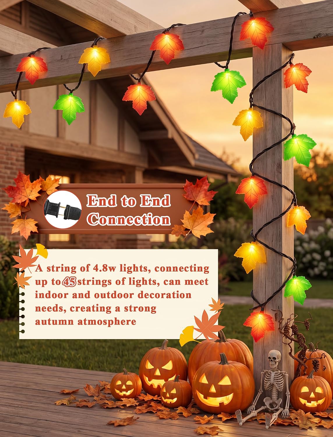 Oviejo Thanksgiving Day Tricolor Maple Leaf String Light with 10 LED Bulbs, 8.5Ft Plug in Multi-Color Fall Lights for Autumn Thanksgiving Day Halloween Christmas Home Decor, Black Wire