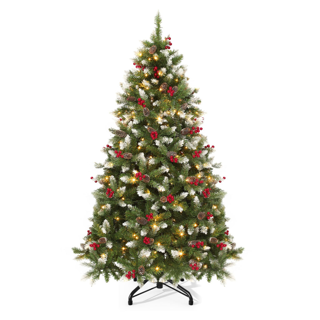 DWVO 6ft Prelit Flocked Aspen Fir Christmas Tree with Bulbs and Lights, Full Artificial Xmas Tree with 1336 Metal Hinged PE & PVC Flame Resistant Branches, 46 Bulbs and 270 Lights Remote Controlled