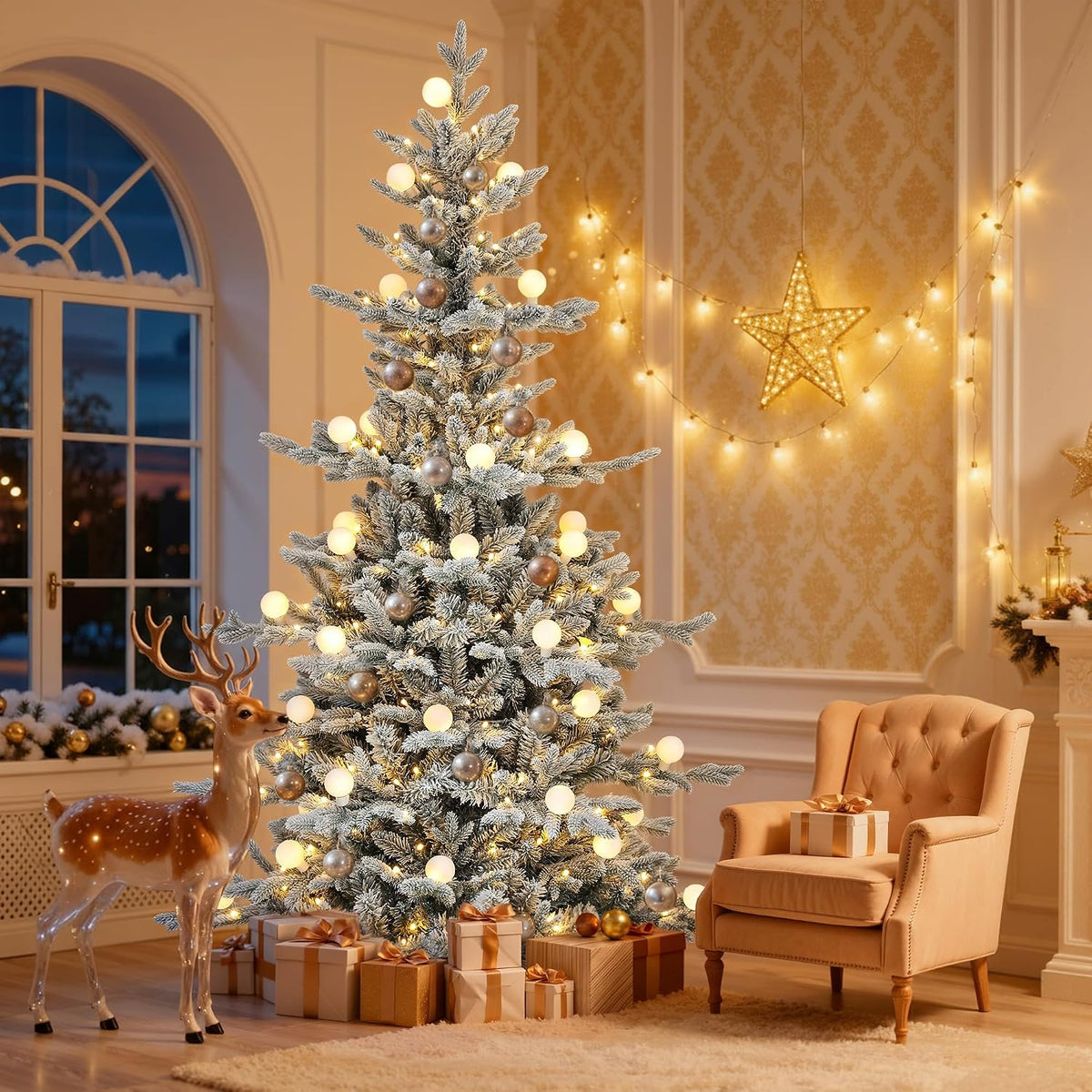 DWVO 6ft Prelit Flocked Aspen Fir Christmas Tree with Bulbs and Lights, Full Artificial Xmas Tree with 1336 Metal Hinged PE & PVC Flame Resistant Branches, 46 Bulbs and 270 Lights Remote Controlled