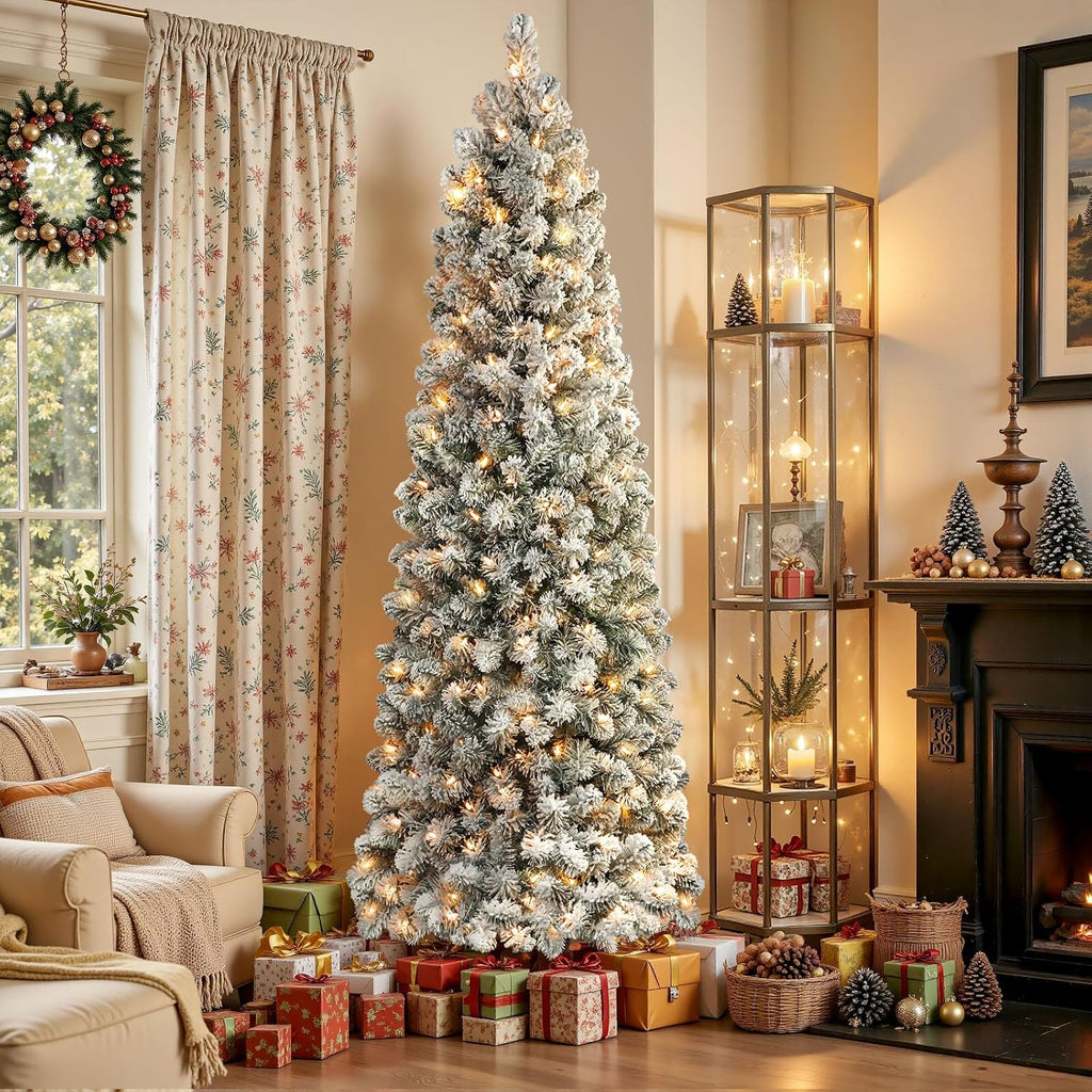SHareconn 7ft Prelit Snow Flocked Artificial Slim Pencil Christmas Tree
