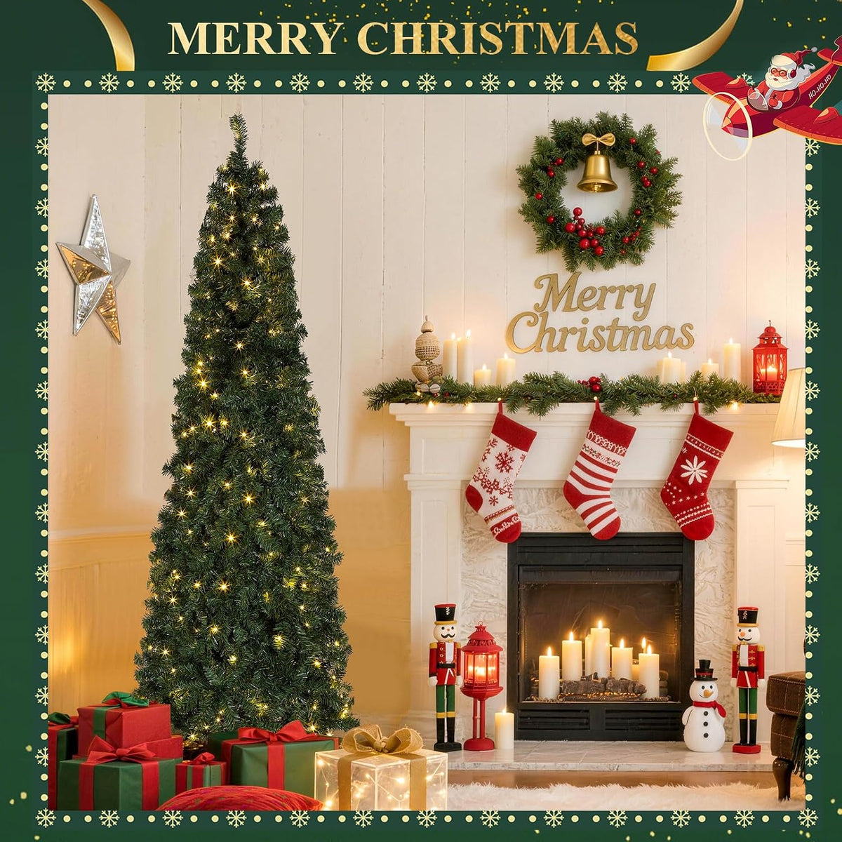 okicoler Christmas Tree, 6ft Pre-Lit Slim Pencil Fir Tree, 775 Branch Tips with 250 Multicolor LED Lights & 11 Lighting Modes, Metal Hinges, White Holiday Decoration for Corner