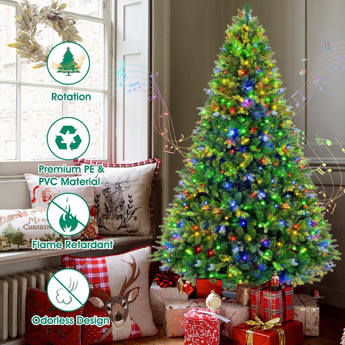 360° Rotating Prelit Christmas Tree 6.5ft - Musical Artificial Christmas Tree with Remote Control, 1036 PE & PVC Mixed Tips, 8 Modes 340 Multicolor LED Lights for Holiday Decor