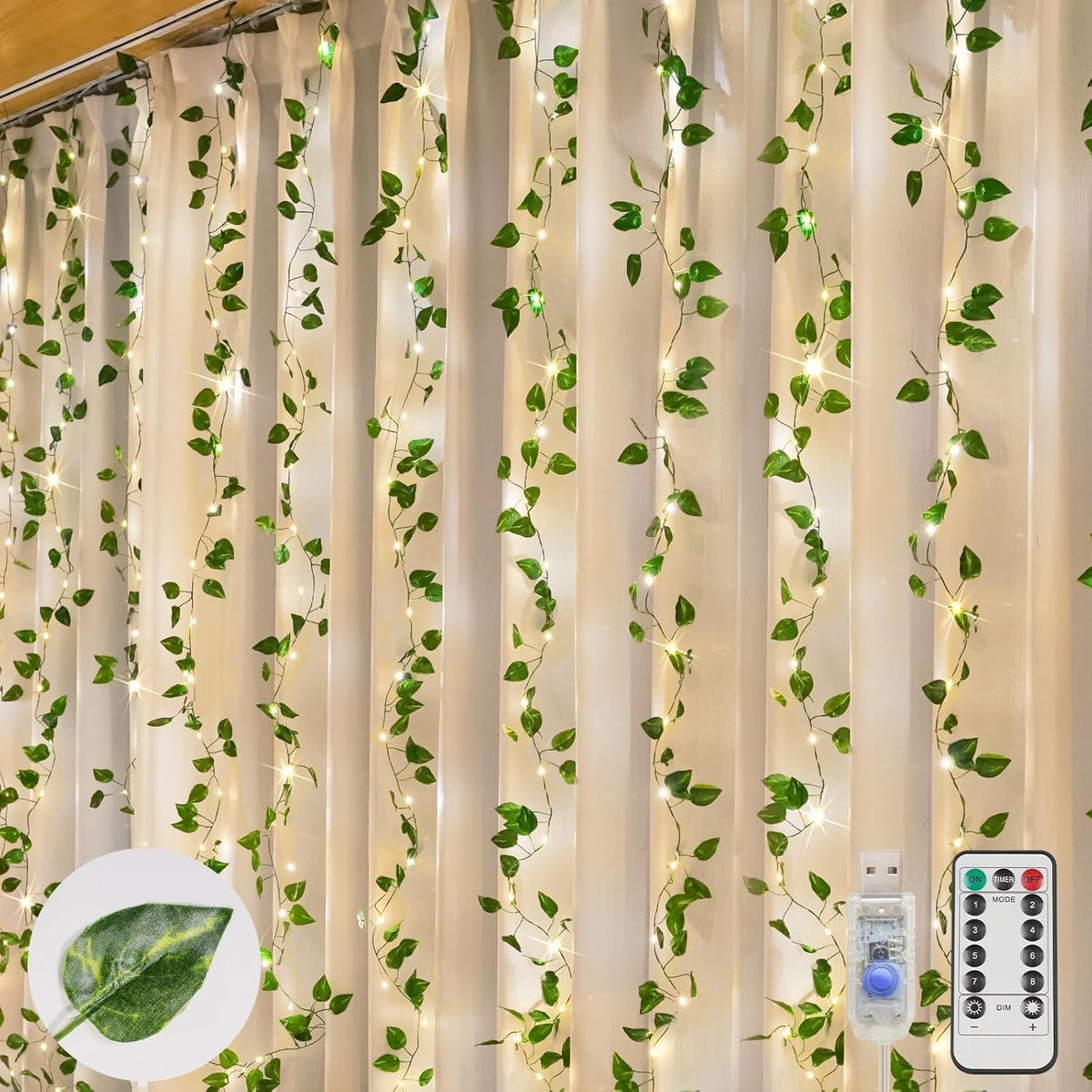 suddus 200 LED Vine with Light Plug in, 6.5ft x 6.5ft Pothos Fairy Curtain Lights with Remote, Leaf Fairy Lights for Wall,Bedroom, Dorm, Wedding, Party, Indoor Decor(Warm White)