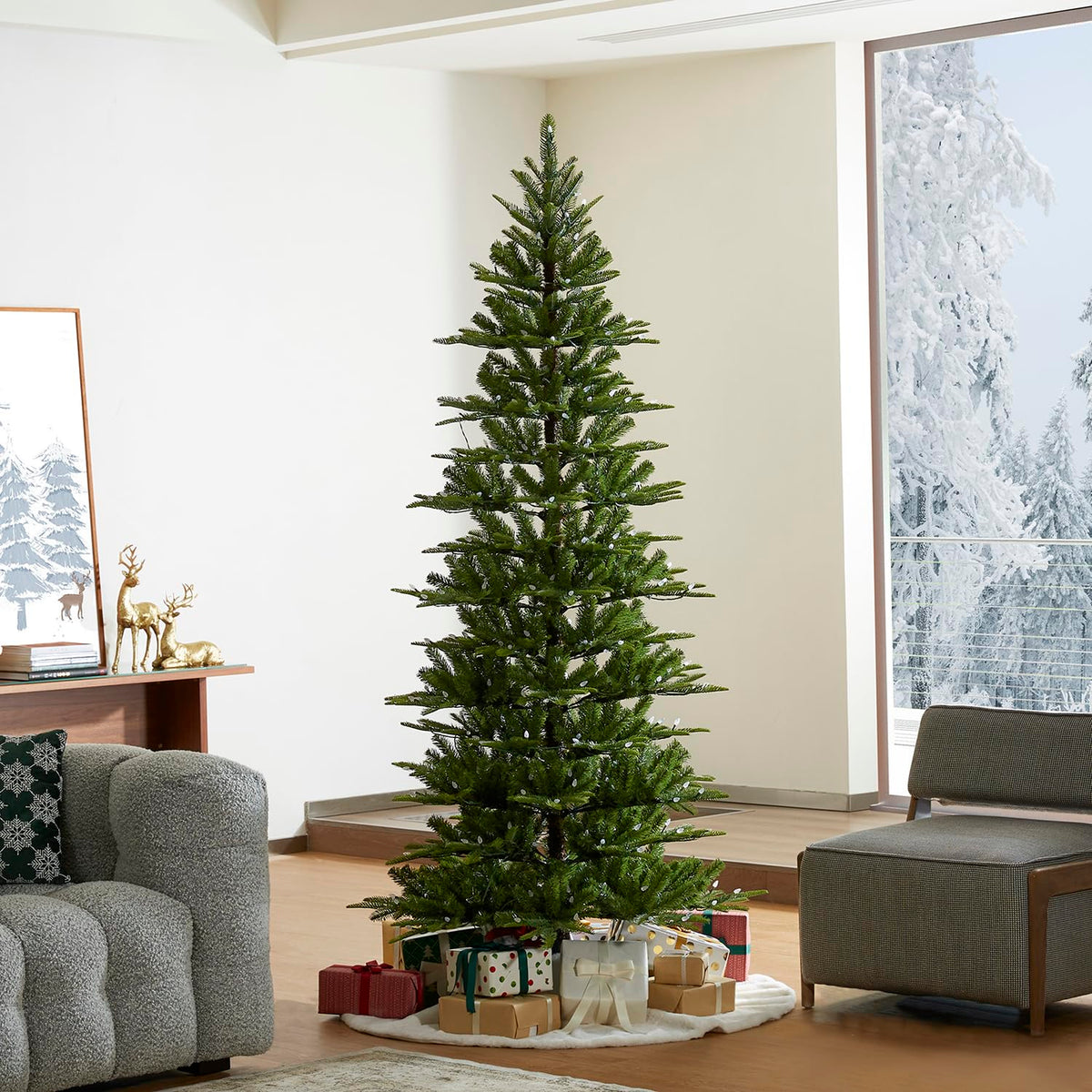 Glitzhome 7.5ft Prelit Christmas Tree, Artificial Christmas Tree with 350 Warm White Lights, Flocked Pencil Christmas Trees Chicago Frostwood Spruce with 1,211 PE&PVC Branch Tips,Sturdy Metal Stand