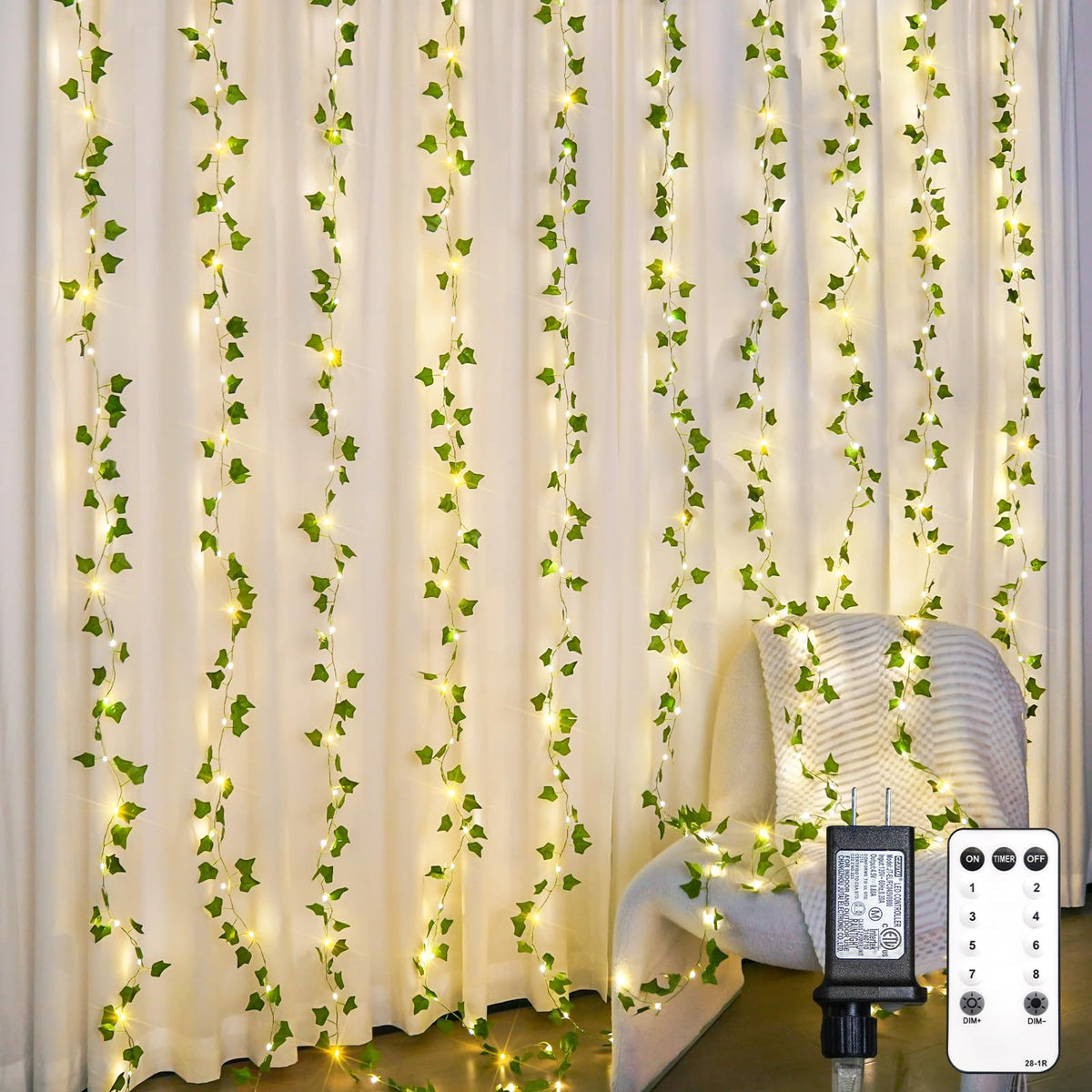 suddus 200 LED Vine with Light Plug in, 6.5ft x 6.5ft Pothos Fairy Curtain Lights with Remote, Leaf Fairy Lights for Wall,Bedroom, Dorm, Wedding, Party, Indoor Decor(Warm White)