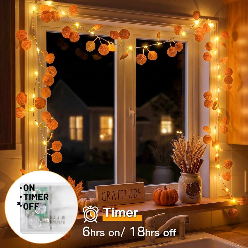 suddus Fake Vines with Eucalyptus Leaf String Lights, 6.56ft 20 LED Fairy Lights with Timer, Fall Garland Lights Battery Operated for Bedroom, Wall, Party, Garden, Harvest, Thanksgiving Decor