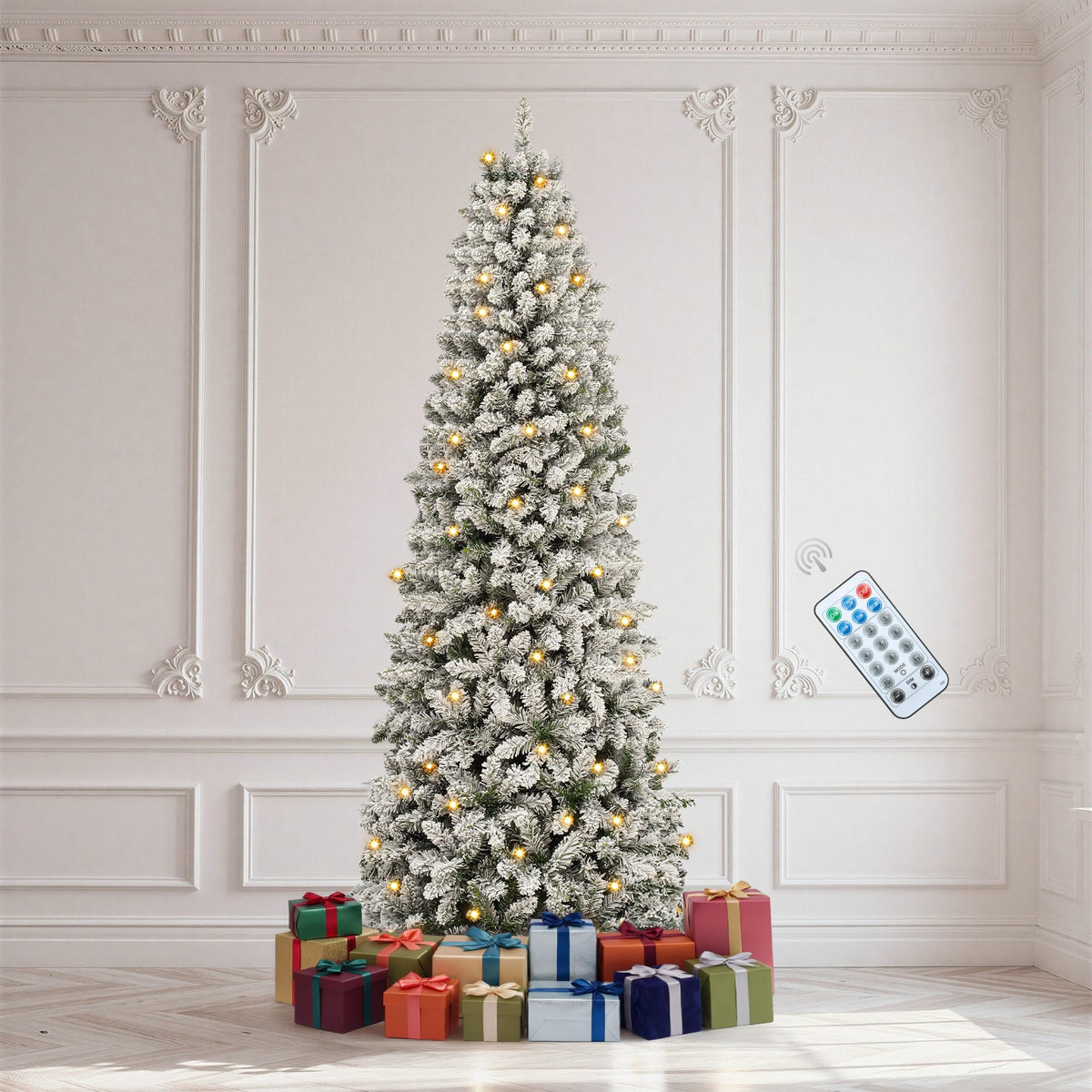 DWVO 6ft Pre-lit Artificial Christmas Tree, Slim Partial Snowy Pencil Kingswood Fir Christmas Trees with 50 Pine Cones, 618 Branch Tips & 250 UL Listed Lights with Remote Control for Home Party