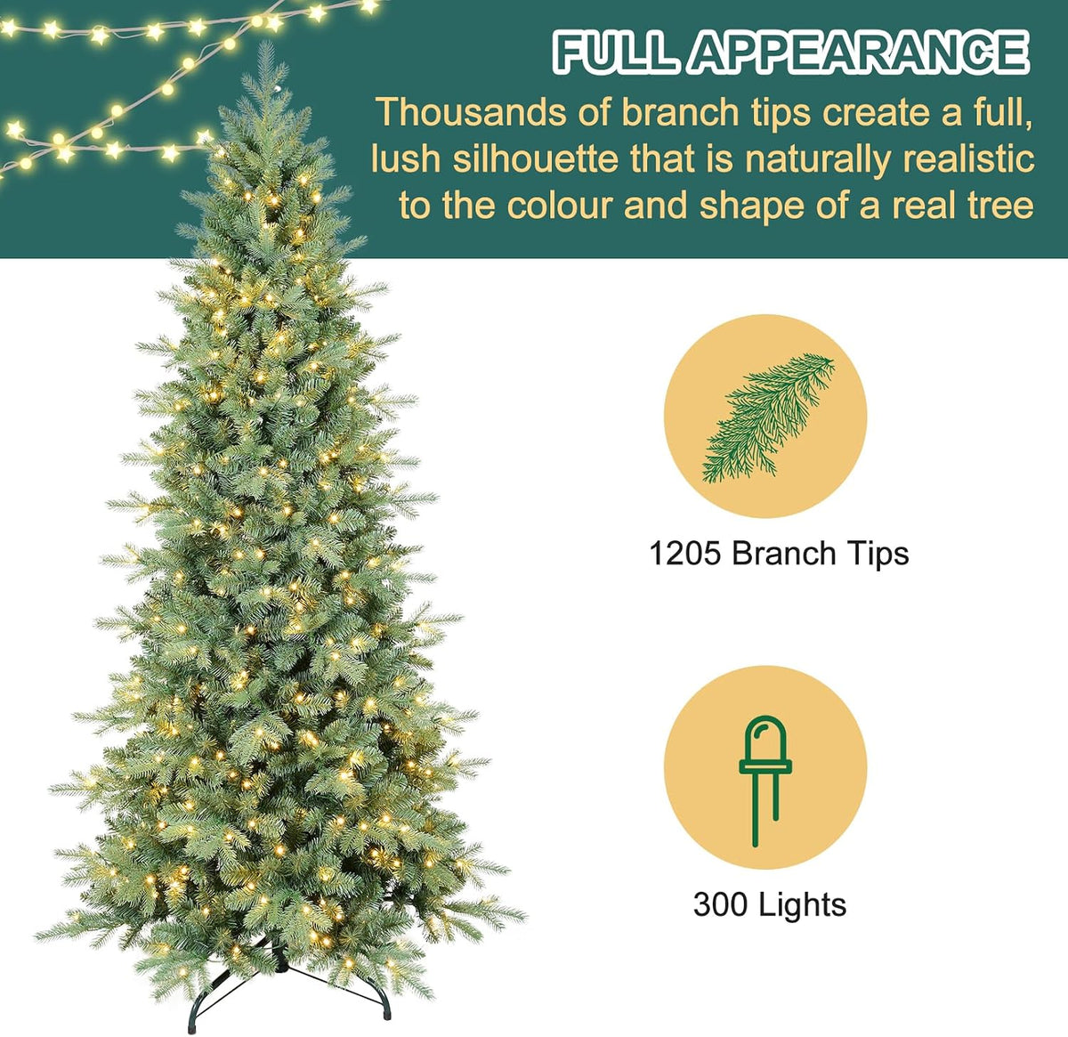 6 FT Prelit Artificial Skinny Christmas Tree,Blue Spruce Slim Pencil Xmas Tree with 1205 PE&PVC Mixed Branch Tips and 300 UL Listed Clear Lights,Hinged Pine Tree with Metal Stand for Home Office Décor
