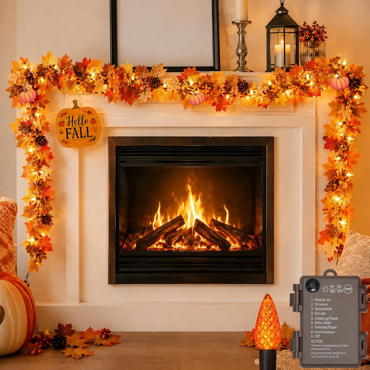 10Ft Lighted Fall Garland with Battery Operated C6 Orange Lights, Extra Long Maple Leaf Garland with Pumpkin Wood Signs, Pinecones & Yellow Berries, Thanksgiving Autumn Decor Indoor Outdoor