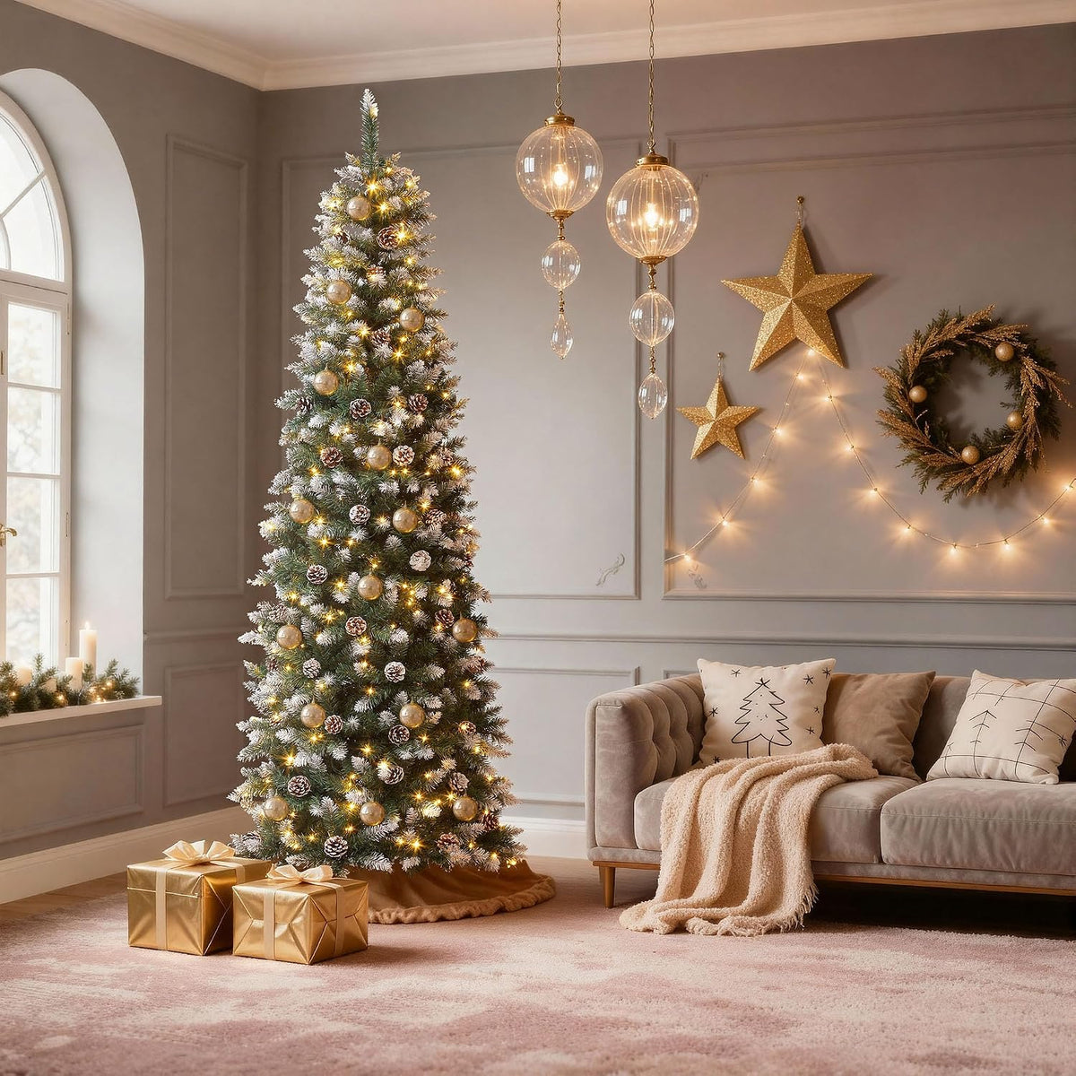 DWVO 6ft Pre-lit Artificial Christmas Tree, Slim Partial Snowy Pencil Kingswood Fir Christmas Trees with 50 Pine Cones, 618 Branch Tips & 250 UL Listed Lights with Remote Control for Home Party