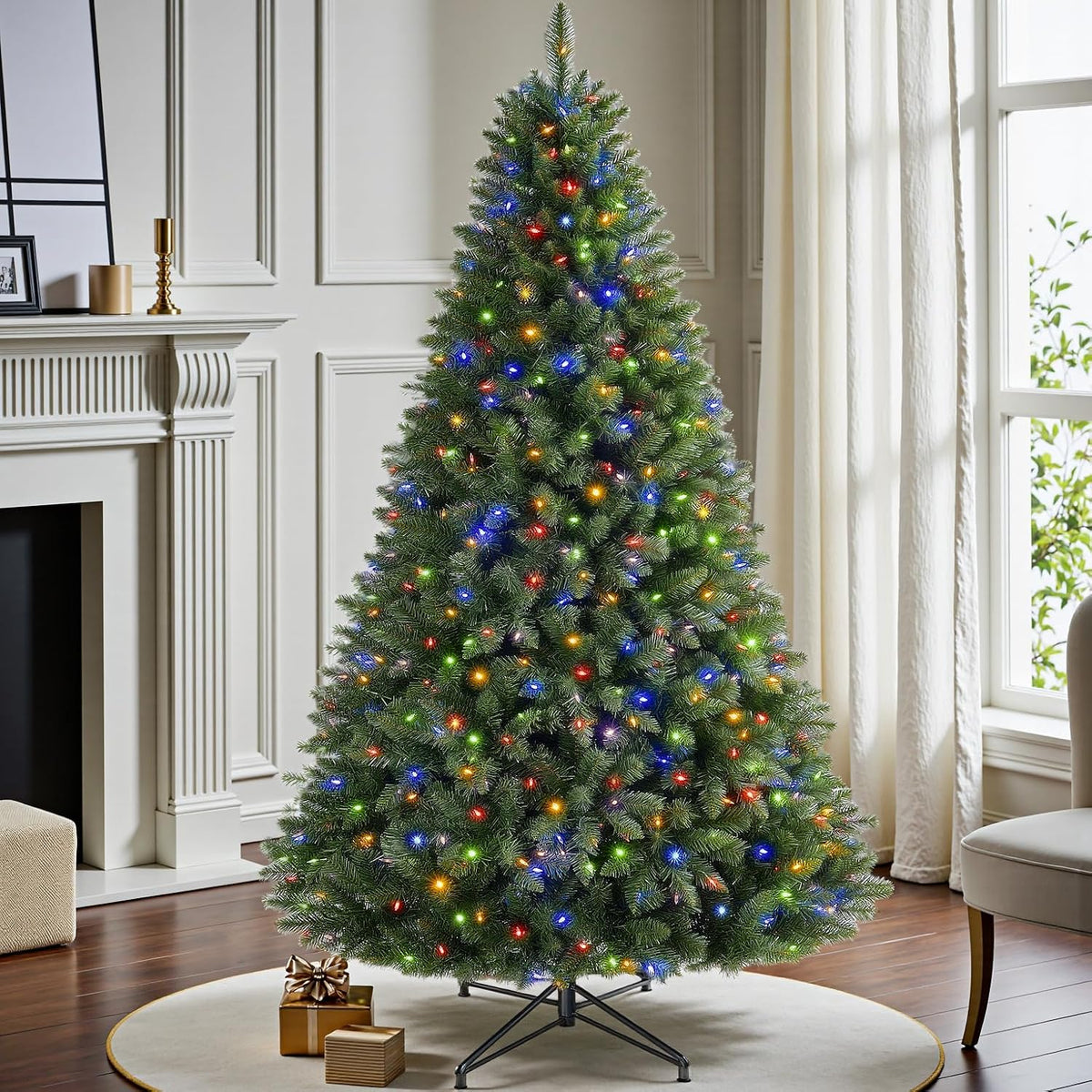 6 FT Pre-lit Christmas Tree Spruce with Remote Control, 300 Warm White Multi-Color Changing LED Lights, Artificial Hinged/Feel Real/Realistic for Home, Holiday Decoration Dual Color LED