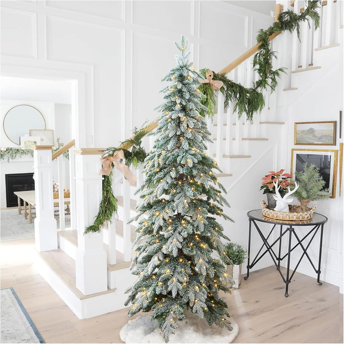 Glitzhome 7.5ft Prelit Christmas Tree, Artificial Christmas Tree with 350 Warm White Lights, Flocked Pencil Christmas Trees Chicago Frostwood Spruce with 1,211 PE&PVC Branch Tips,Sturdy Metal Stand