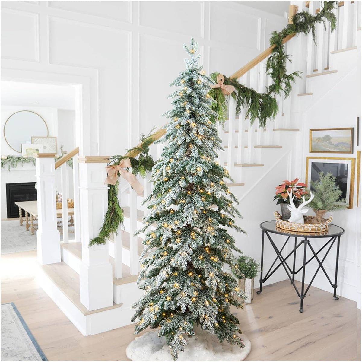 Glitzhome 7.5ft Prelit Christmas Tree, Artificial Christmas Tree with 350 Warm White Lights, Flocked Pencil Christmas Trees Chicago Frostwood Spruce with 1,211 PE&PVC Branch Tips,Sturdy Metal Stand