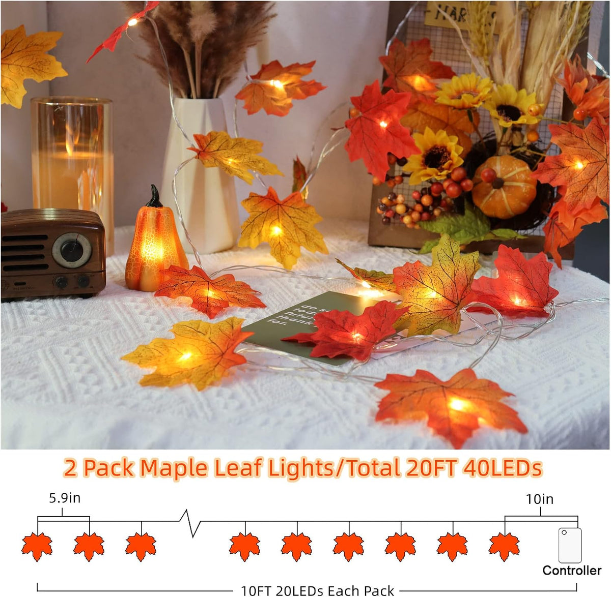 Runleo 2 Pack Fall Decorations for Home Maple Leaf Lights Total 20ft 40 LED