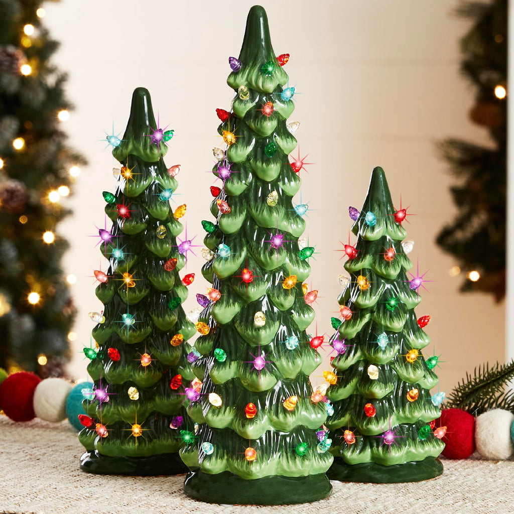Best Choice Products Set of 3 Ceramic Christmas Trees, Pre-Lit Hand-Painted Tabletop Holiday Decoration w/Multicolor Bulbs, LED Lights – Green
