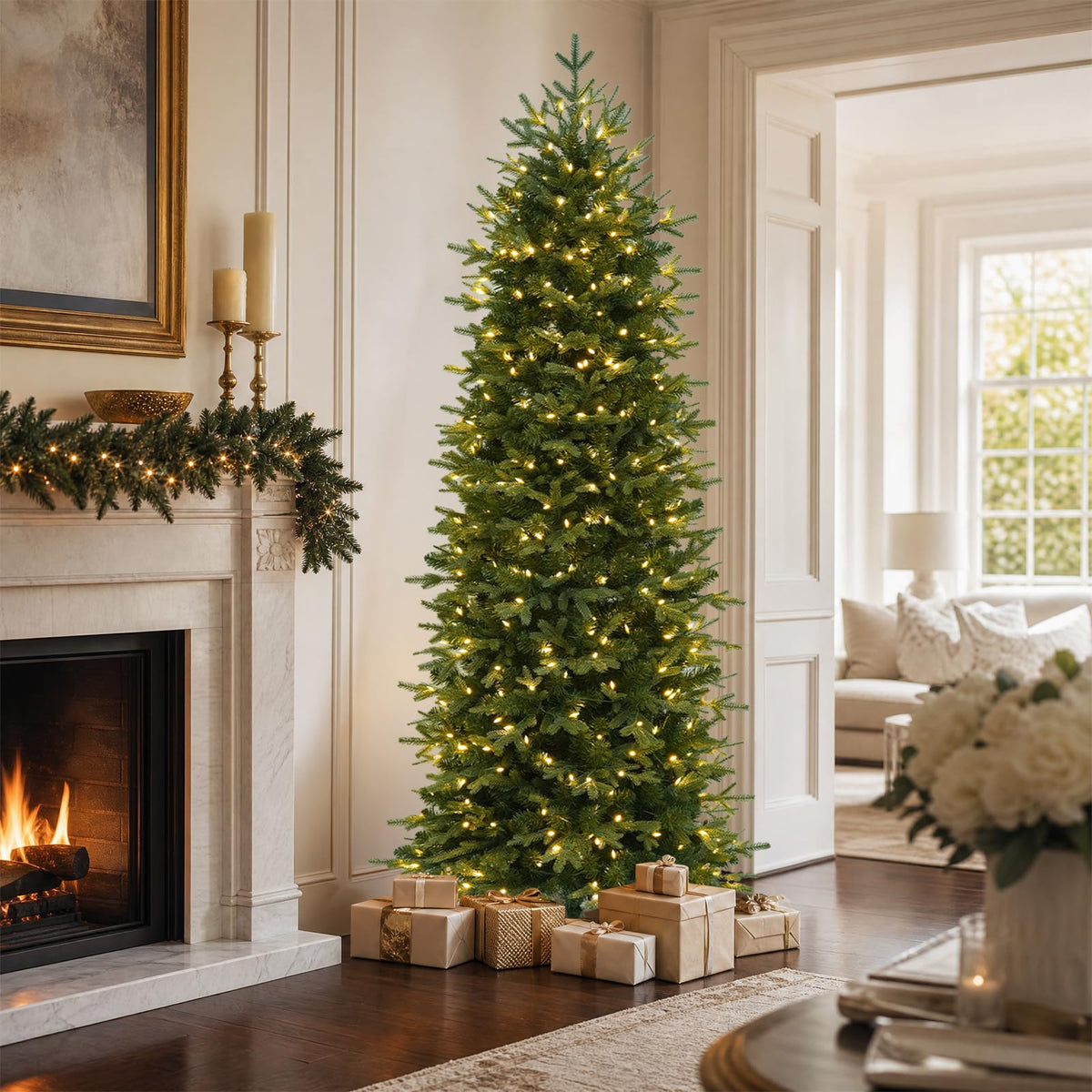 Hykolity 7.5 ft Prelit Pencil Christmas Tree with 400 Warm White LEDs