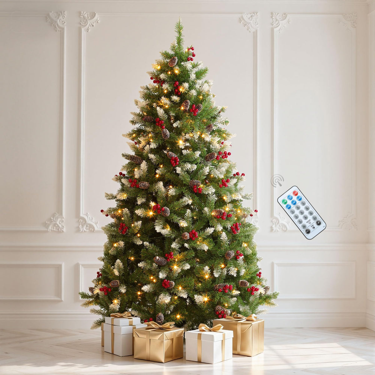 DWVO 6ft Prelit Flocked Aspen Fir Christmas Tree with Bulbs and Lights, Full Artificial Xmas Tree with 1336 Metal Hinged PE & PVC Flame Resistant Branches, 46 Bulbs and 270 Lights Remote Controlled