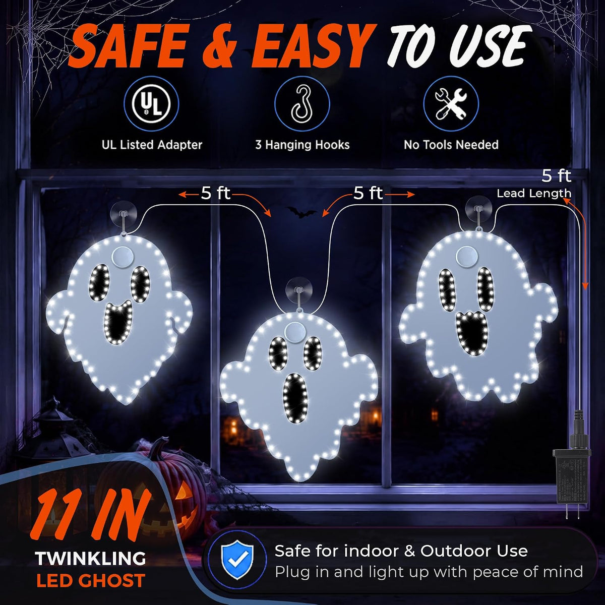 3 Pack 10" Halloween Classics Twinkling LED Ghosts, Hi-Vibrant Aluminum Frame Ghost Window Silhouette Lights, Cool White LED Lights, Holiday Indoor Outdoor Decoration