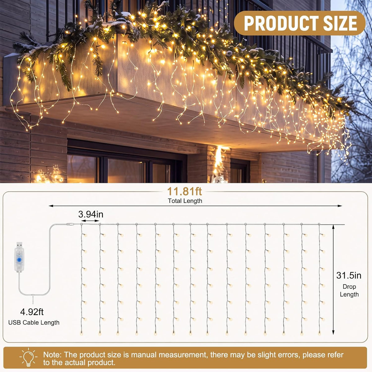 VIHOSE 2 Set Christmas Stair Curtain Light, Per 11.8 Ftx2.6ft, 8 Light Mode