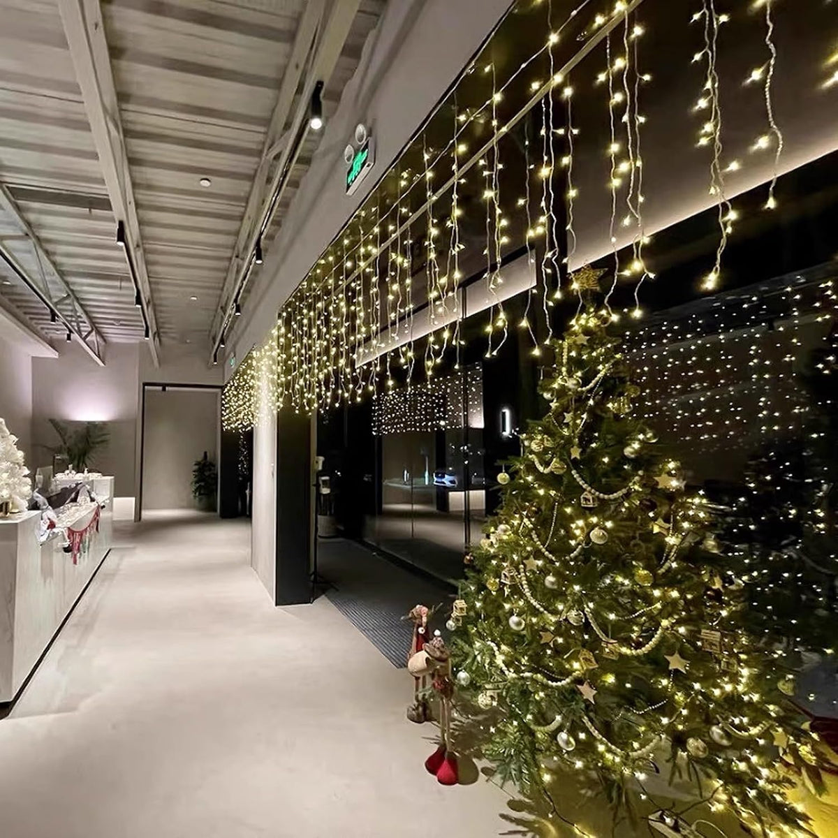 Icicle Lights, 16.4 FT 120 LED 8 Modes, Fairy Hanging Ceiling Twinkle Connectable Waterfall String Lights for Indoor Christmas Eaves Balcony Business Outdoor Decor, Warm White, 5M06