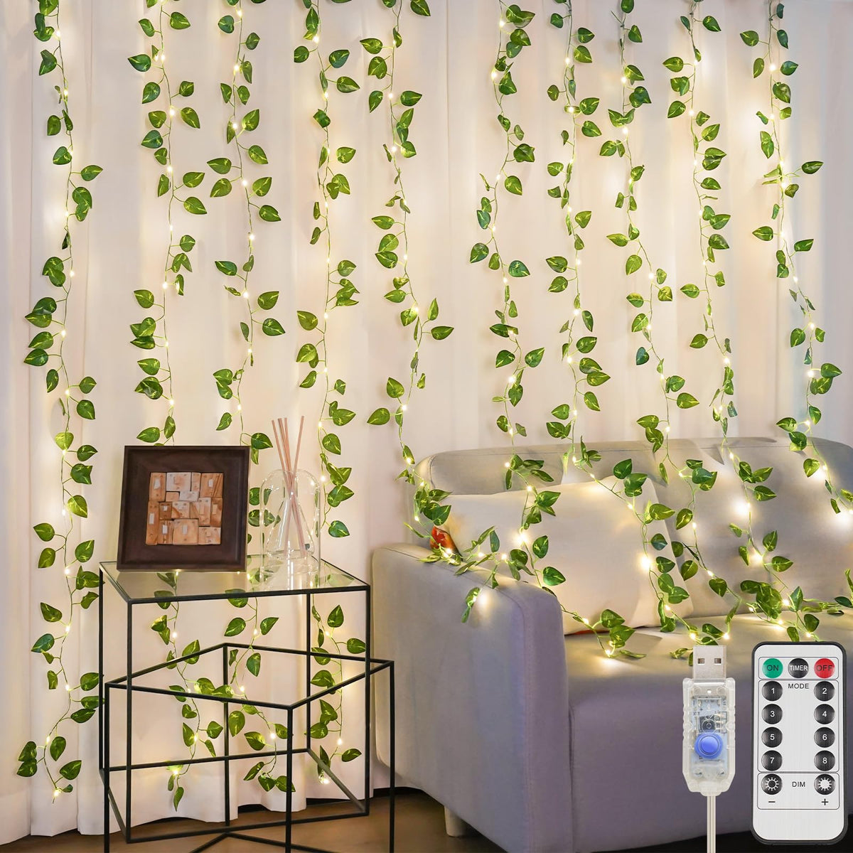 suddus 200 LED Vine with Light Plug in, 6.5ft x 6.5ft Pothos Fairy Curtain Lights with Remote, Leaf Fairy Lights for Wall,Bedroom, Dorm, Wedding, Party, Indoor Decor(Warm White)