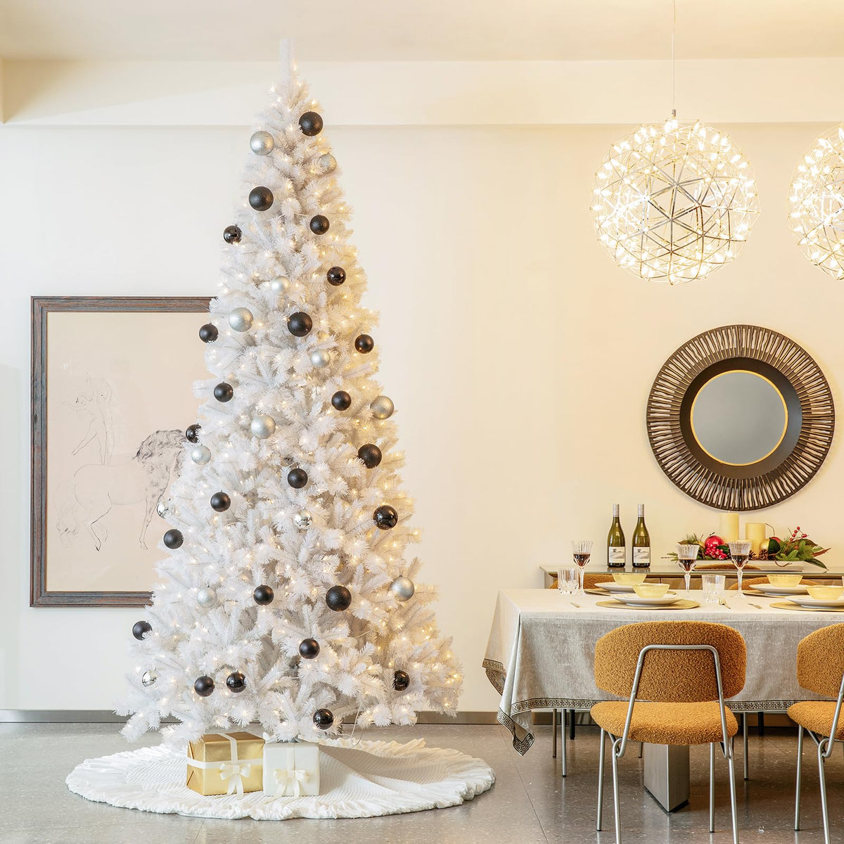 Glitzhome 7.5ft Prelit Christmas Tree, Artificial Christmas Tree with 350 Warm White Lights, Flocked Pencil Christmas Trees Chicago Frostwood Spruce with 1,211 PE&PVC Branch Tips,Sturdy Metal Stand