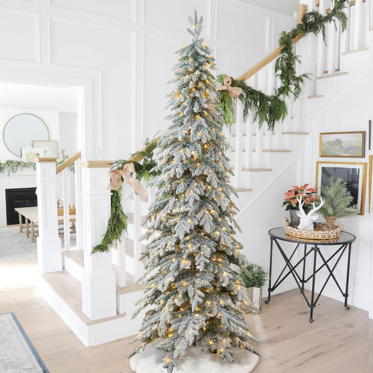 Glitzhome 7.5ft Prelit Christmas Tree, Artificial Christmas Tree with 350 Warm White Lights, Flocked Pencil Christmas Trees Chicago Frostwood Spruce with 1,211 PE&PVC Branch Tips,Sturdy Metal Stand