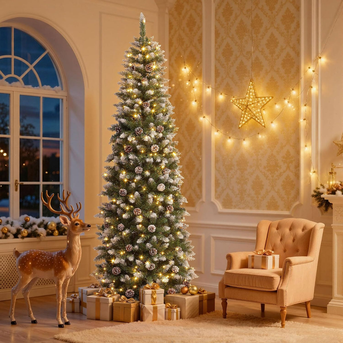 DWVO 6ft Pre-lit Artificial Christmas Tree, Slim Partial Snowy Pencil Kingswood Fir Christmas Trees with 50 Pine Cones, 618 Branch Tips & 250 UL Listed Lights with Remote Control for Home Party