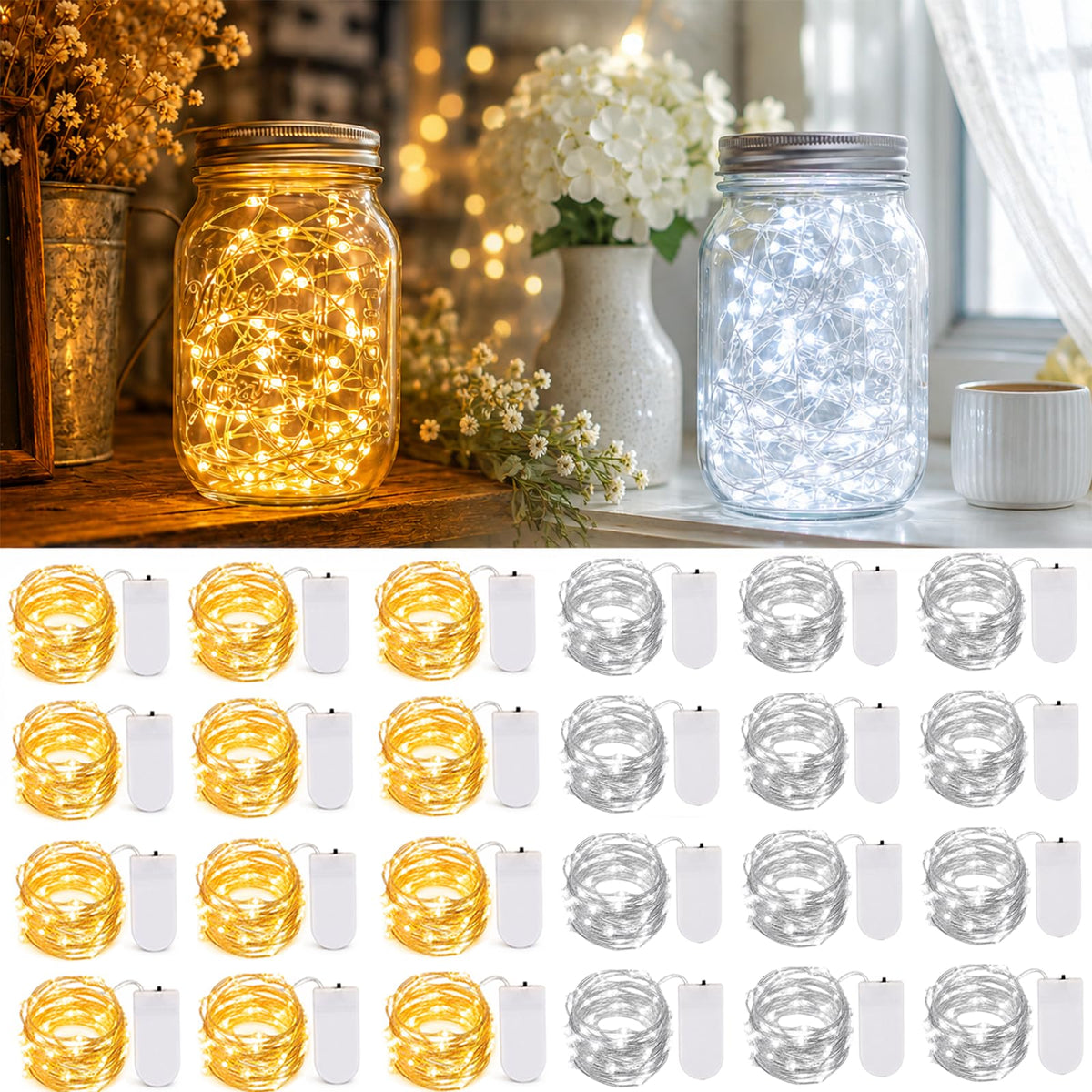 20 Pack LED Fairy Lights Battery Operated,3 Features Blinking Slowly Blinking & just on 7FT 20 LED Waterproof Mini Twinkle String Lights for Wedding Mason Jars Party Christmas Decorations(Warm White)