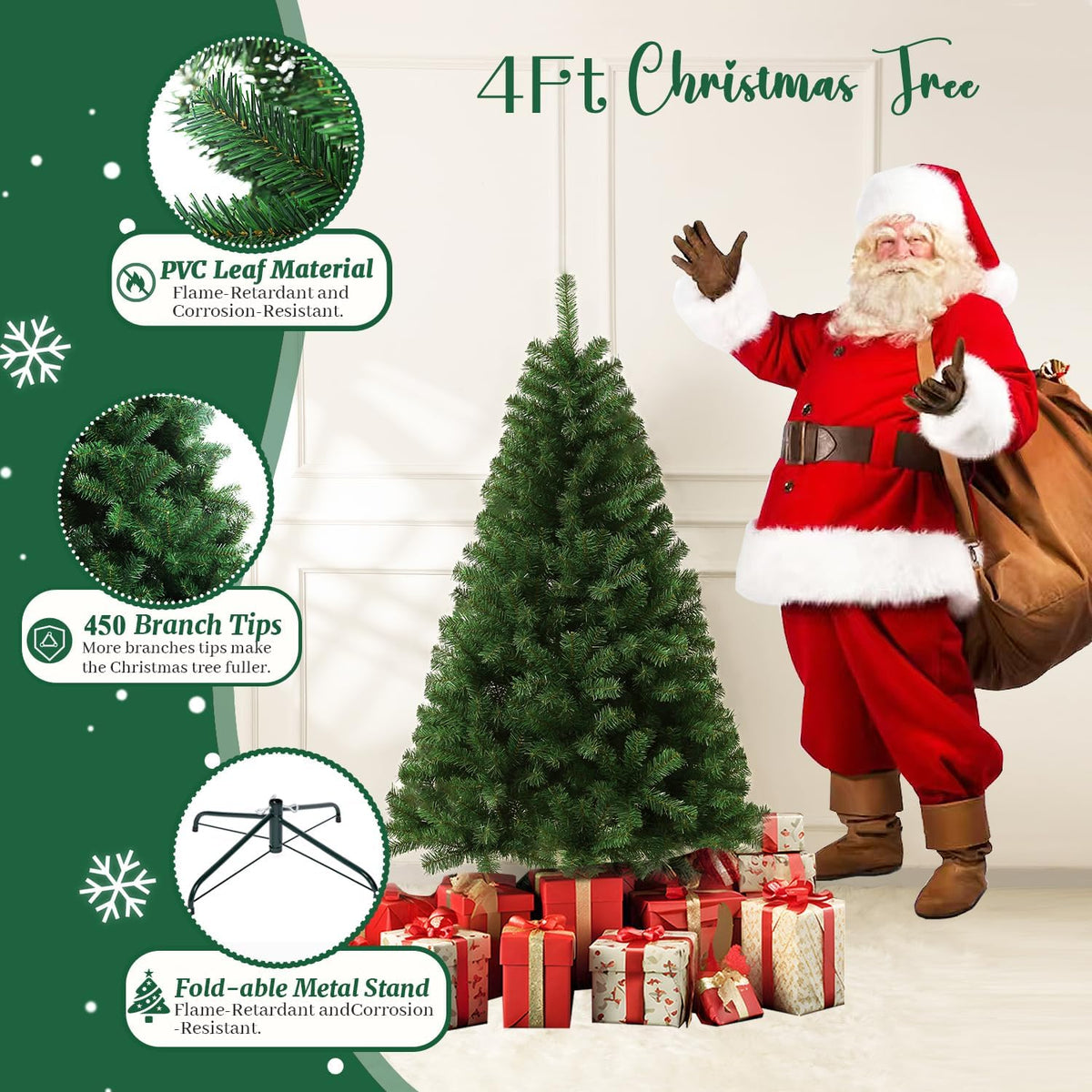 4ft Green Artificial Christmas Tree,Arbol de Navidad Small Fake Xmas Tree