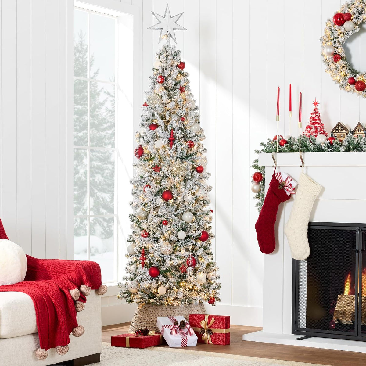 Best Choice Products 6ft Flocked Pencil Christmas Tree w/Twinkling LEDs, Pre-Lit Slim Artificial Holiday Decoration, Lighted Skinny w/Base, 250 Lights, 502 Tips, Warm White Lights