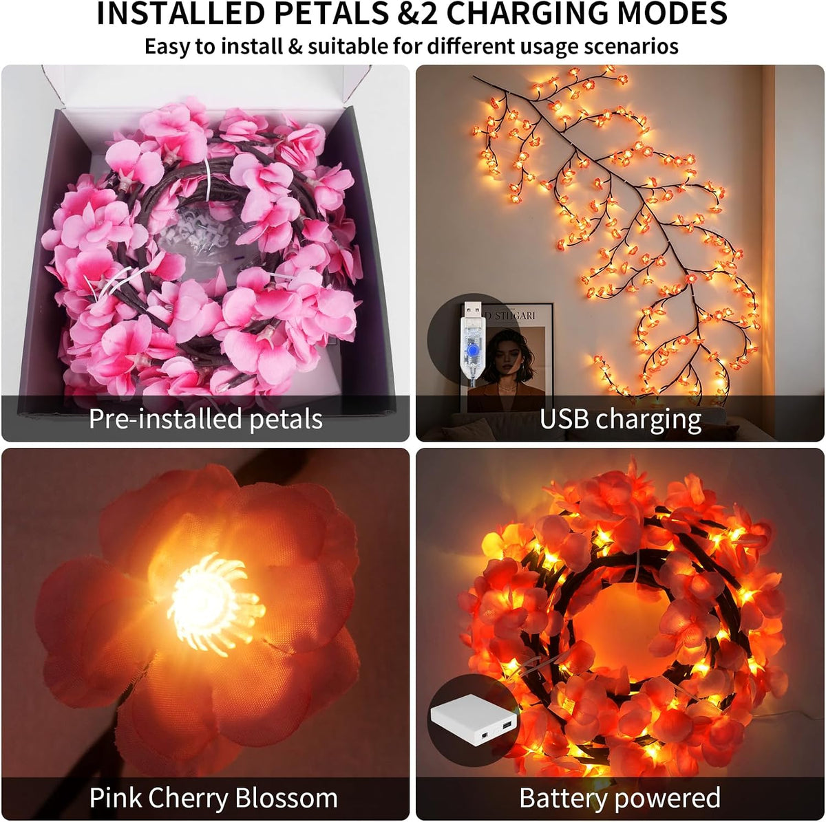 FNHMSL 4FT 48LED Cherry Enchanted Willow Vine Lights for Christmas Bedroom
