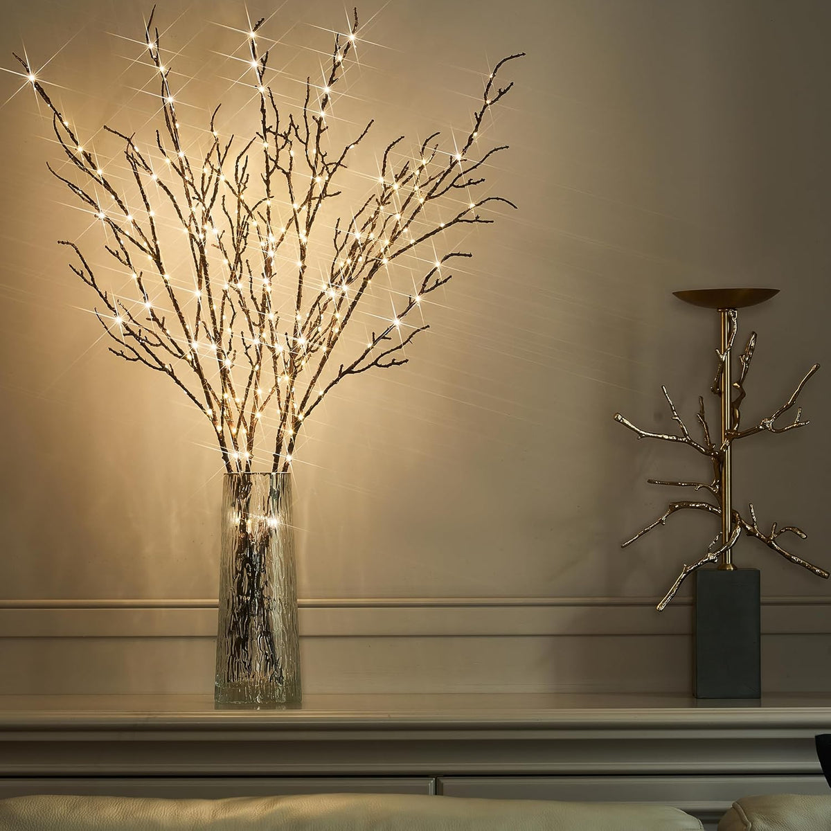 BAOLITVINE Lighted Branches Brown 32IN 200 Warm White Fairy Lights, Lighted Willow Branches with Timer, Dimmer for Home Bedroom Fireplace Christmas Decoration Inside Outdoor