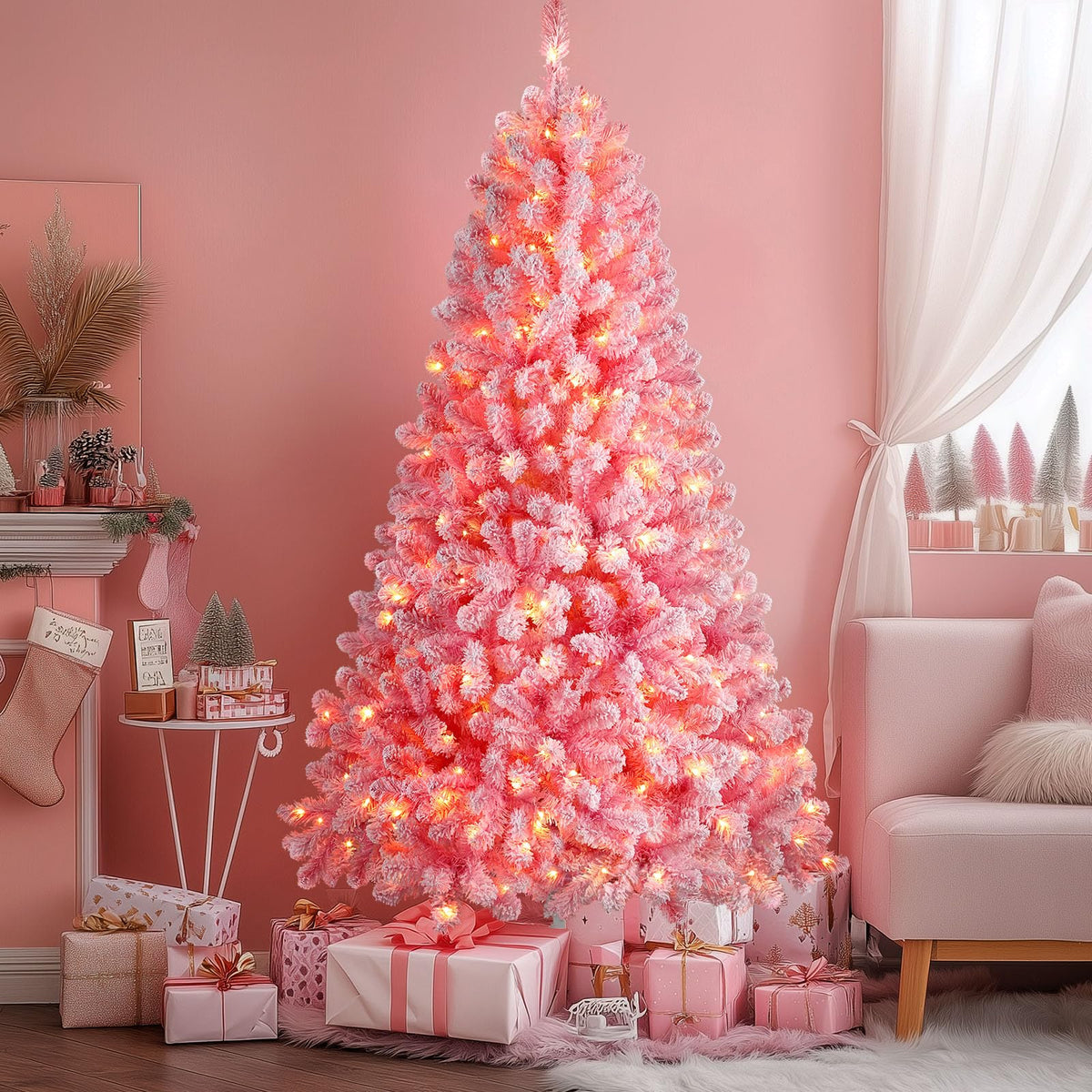 SHareconn 7ft Snow Flocked Spruce Pre-lit Artificial Christmas Tree, White