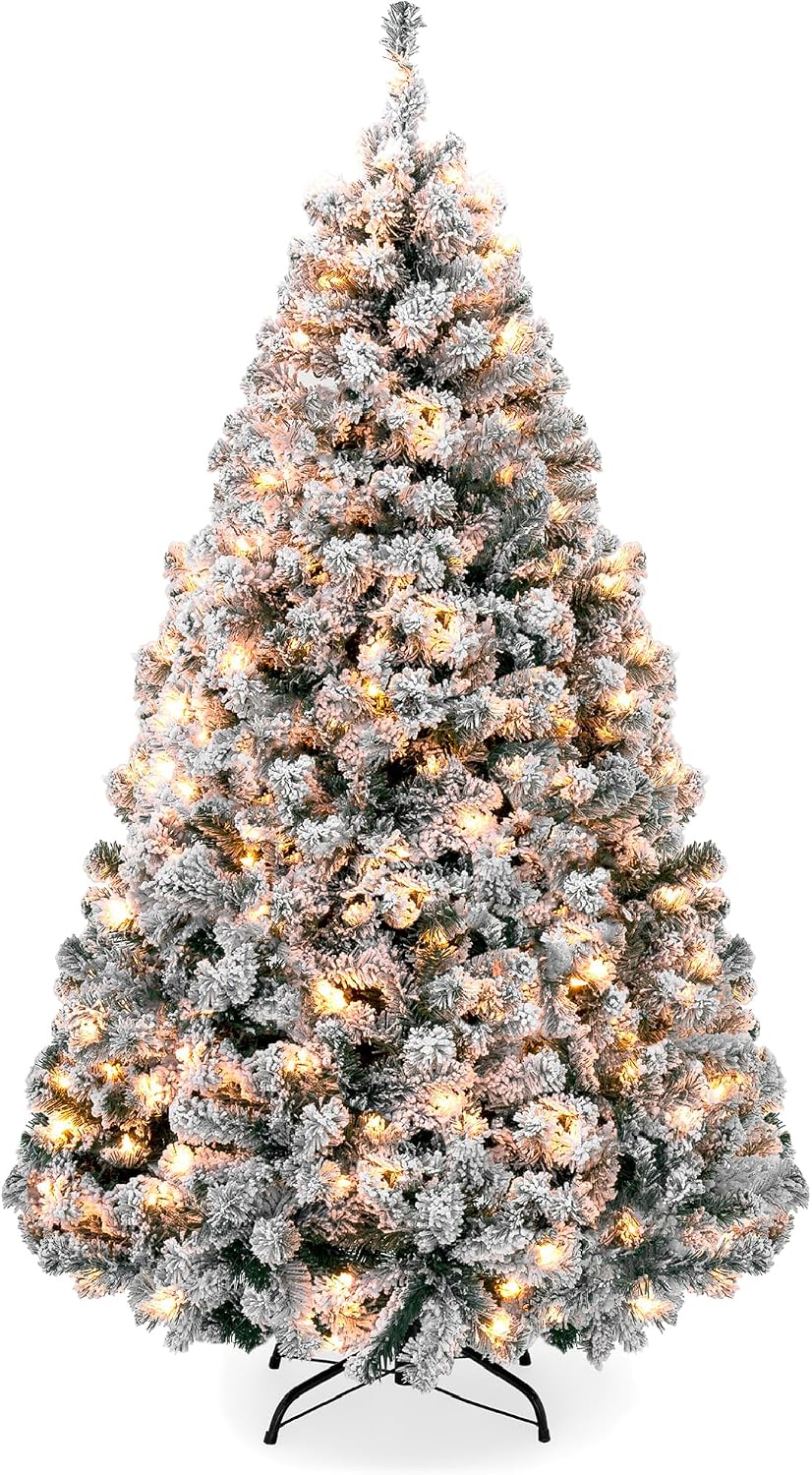Best Choice Products 6ft Pre-Lit Artificial Christmas Tree Twinkling LEDs, Snow Flocked Design Pine Tree, Full Appearance Lighted Snowy w/Easy Assembly, 250 Lights, 928 Tips Metal Stand