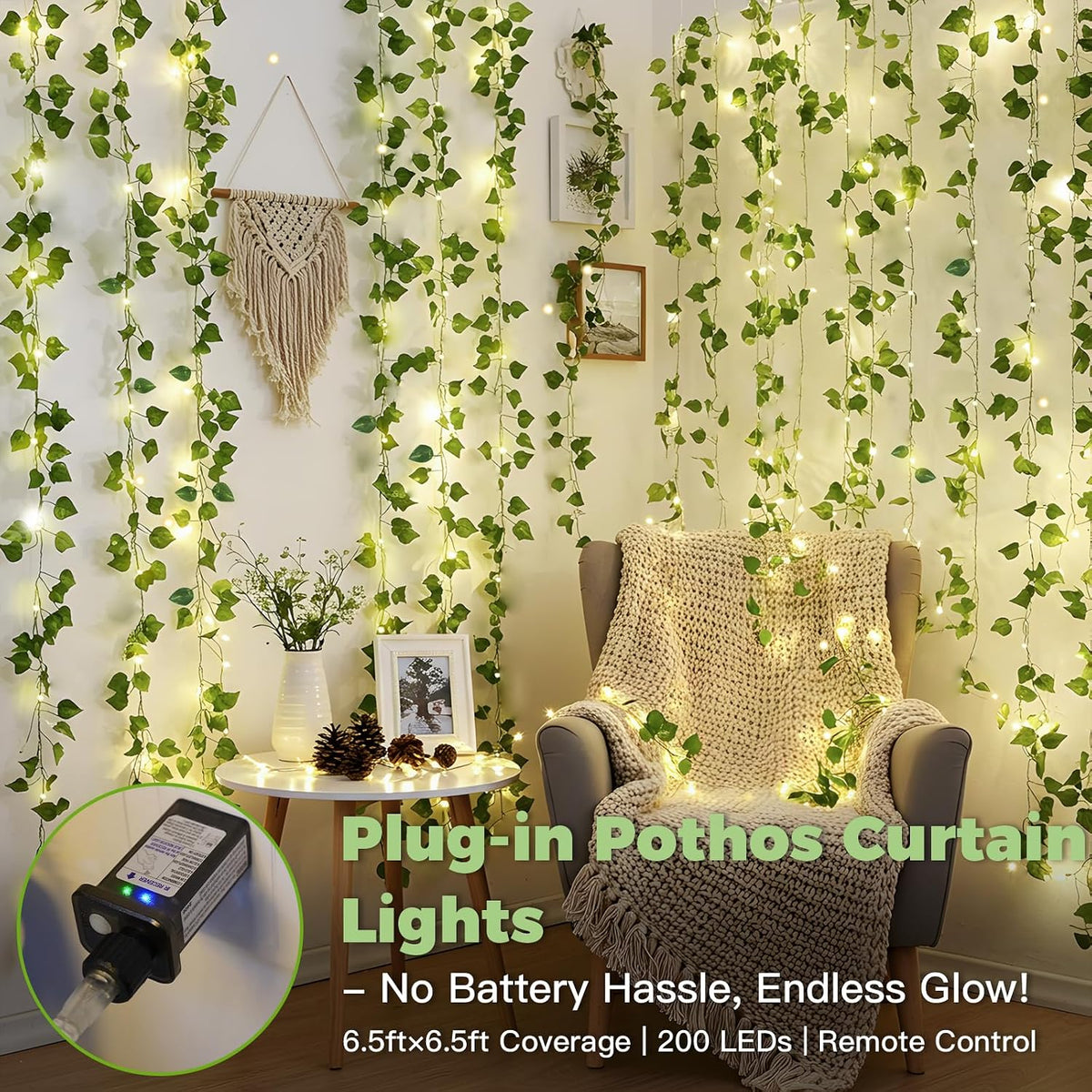 suddus 200 LED Vine with Light Plug in, 6.5ft x 6.5ft Pothos Fairy Curtain Lights with Remote, Leaf Fairy Lights for Wall,Bedroom, Dorm, Wedding, Party, Indoor Decor(Warm White)