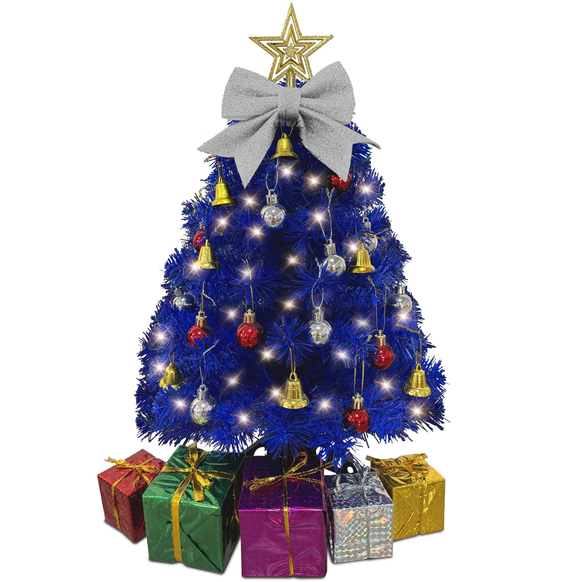 Small Christmas Tree with Lights - 23 Inch Mini Tabletop Christmas Tree with Warm-White LED Lights, Hanging Ornaments, Decorative Bow and Gift Boxes - Prelit Table Tree for DIY Christmas Decoration