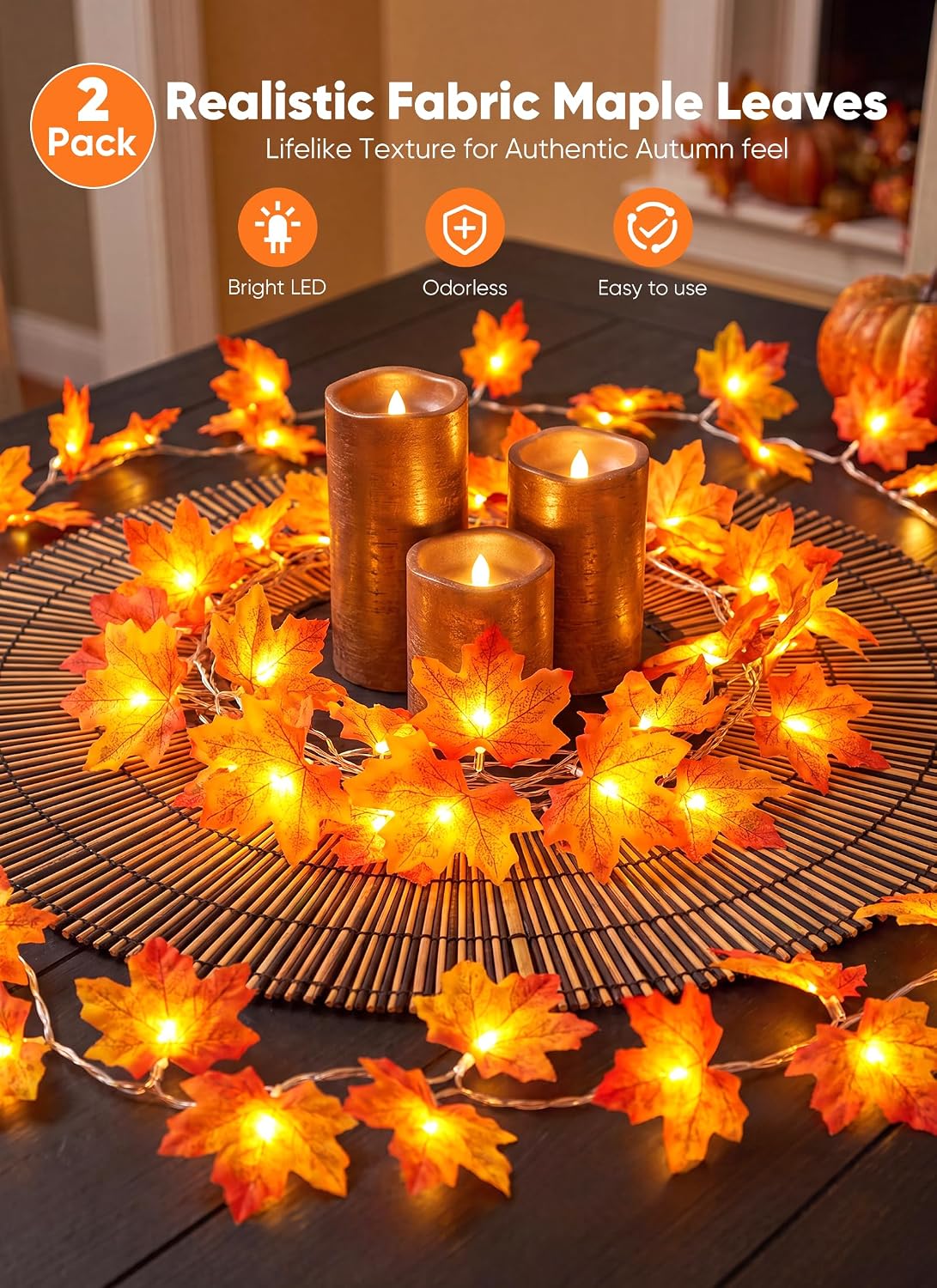 Brightown 2 Pack Fall Garland with Lights Total 20Ft 40LED Fall Decor