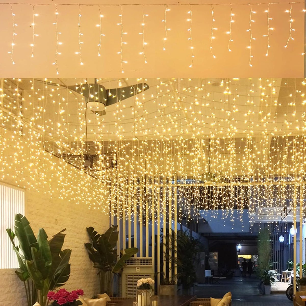 GTSYDING LED Icicle Lights, 96 LEDs 13FT 8 Modes Curtain Extendable Fairy Christmas Ceiling Dangling Hanging Twinkle Memory Lights for Outdoor Indoor Decorations (Warm White, 4M)