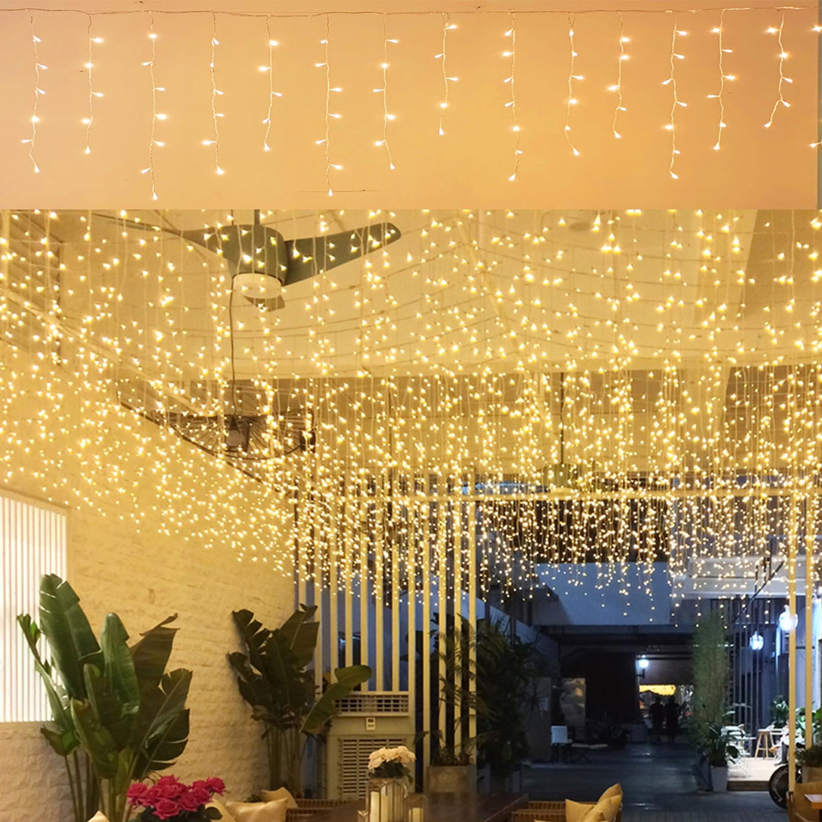 GTSYDING LED Icicle Lights, 96 LEDs 13FT 8 Modes Curtain Extendable Fairy Christmas Ceiling Dangling Hanging Twinkle Memory Lights for Outdoor Indoor Decorations (Warm White, 4M)