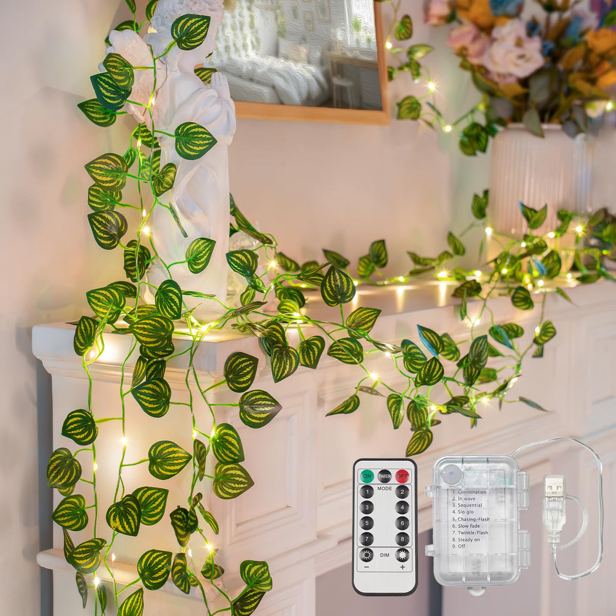 suddus 60LED Garland with White Camellia Lights Battery Operated Clear Wire